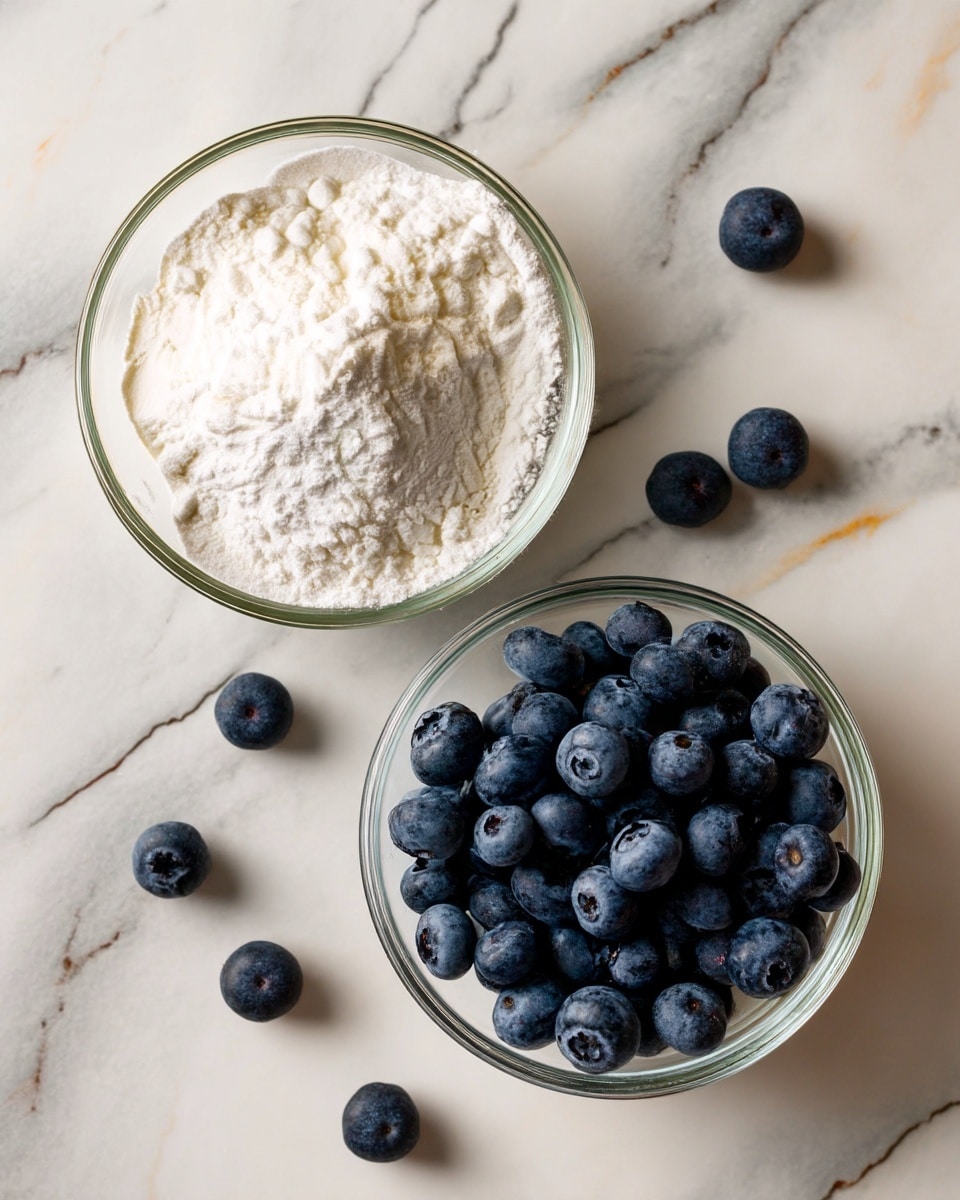 The image shows two small clear glass bowls placed side by side on a white marbled surface. The bowl on the left is filled with white powdered flour, showing a soft and powdery texture. The bowl on the right is filled with fresh, round blueberries, deep blue to purple in color and some blueberries are scattered around the bowl on the marbled surface. The lighting highlights the textures and colors clearly. Photo taken with an iphone --ar 4:5 --v 7