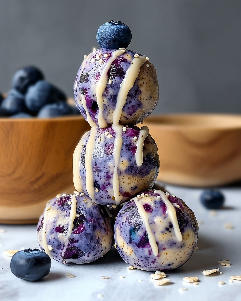 The image shows a stack of four round blueberry balls with a mix of purple and light beige colors, speckled with bits of oats or seeds giving a slightly textured look. There are thin, creamy white drizzles on each ball and some tiny white seeds sprinkled on top. A fresh, dark blue blueberry sits on the top ball and several loose blueberries are scattered around the stack, all placed on a white marbled surface with a wooden bowl of blueberries softly blurred in the background. photo taken with an iphone --ar 4:5 --v 7