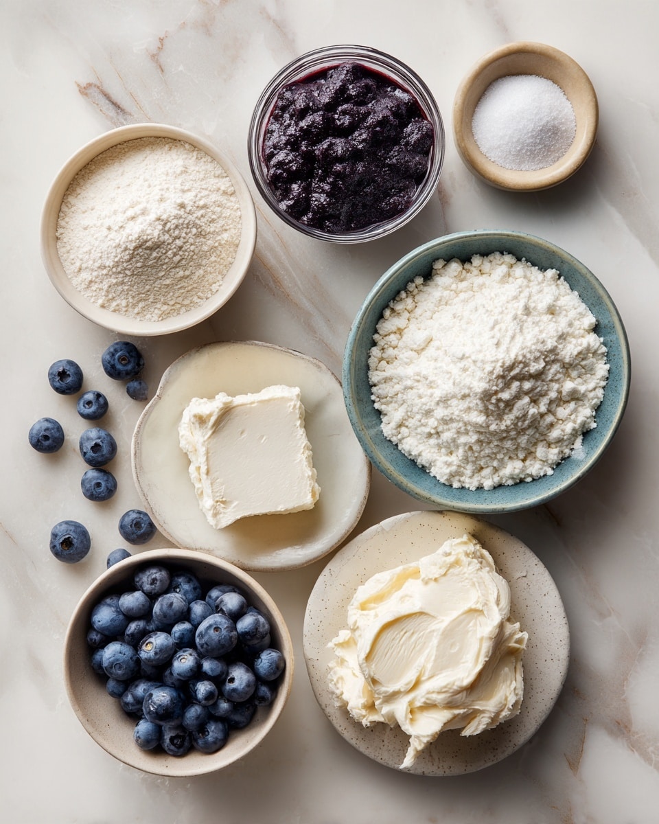 Top-down professional food photography flat lay style bright white marble countertop neatly arranged evenly spaced tidy clean organized layout Include: small bowl of protein supplement powder, small bowl of coconut flour, small bowl of granulated sugar, small plate of cream cheese, small glass cup of pureed blueberries bright soft natural lighting sharp focus high detail textures realistic reflections professional DSLR look 4K no finished dish no cooked food no hands no text no watermark no brand logos --ar 4:5 --v 7