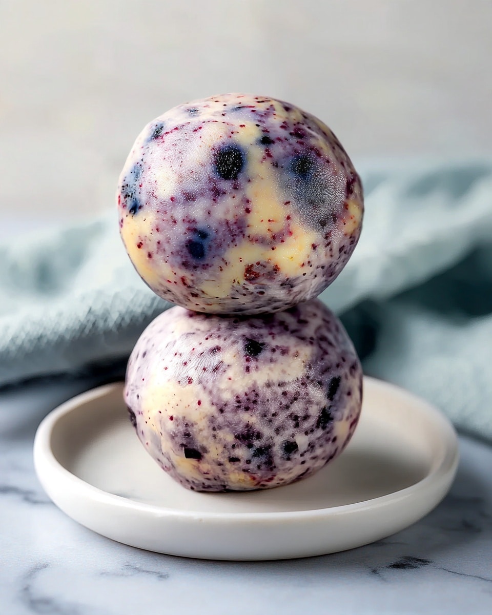 Two round balls stacked on top of each other on a white plate, each ball speckled with purple and dark red spots mixed into a creamy white base. The texture looks smooth but with small specks giving a slightly rough appearance. The background has a soft blue cloth and a white marbled surface underneath. The image has a close-up view showing the detailed speckles and smooth round shapes of the balls photo taken with an iphone --ar 4:5 --v 7