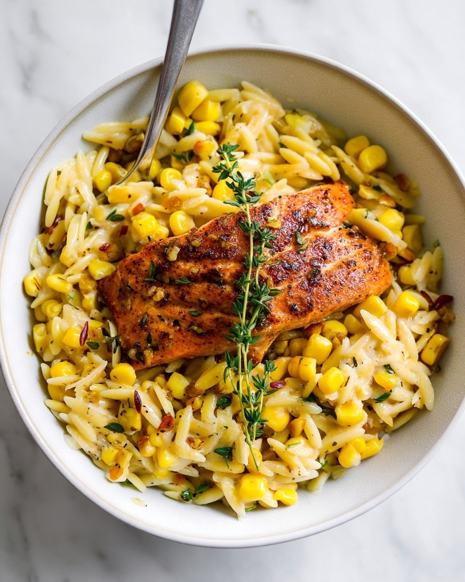 A white bowl sits on a white marbled surface, filled with creamy yellow orzo pasta mixed with bright yellow corn kernels, speckled with bits of herbs and spices. On top, there is a browned, seasoned piece of pan-seared salmon with a slightly crispy texture, finished with a small sprig of fresh thyme. A silver fork rests in the bowl, partly submerged in the orzo. The overall look is warm and inviting with a mix of creamy, roasted, and fresh textures. photo taken with an iphone --ar 4:5 --v 7