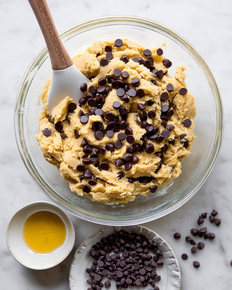 A clear glass bowl filled with a beige cookie dough mixture that has a rough texture, topped with many dark brown chocolate chips scattered unevenly on top. A wooden spoon with a white silicone spatula end is resting inside the bowl, partially buried in the dough towards the top left side. Below the bowl, there is a small white bowl with a little bit of yellow liquid inside, and next to it is a white plate with more dark brown chocolate chips spread loosely across its surface. The items are placed on a white marbled texture background. photo taken with an iphone --ar 4:5 --v 7