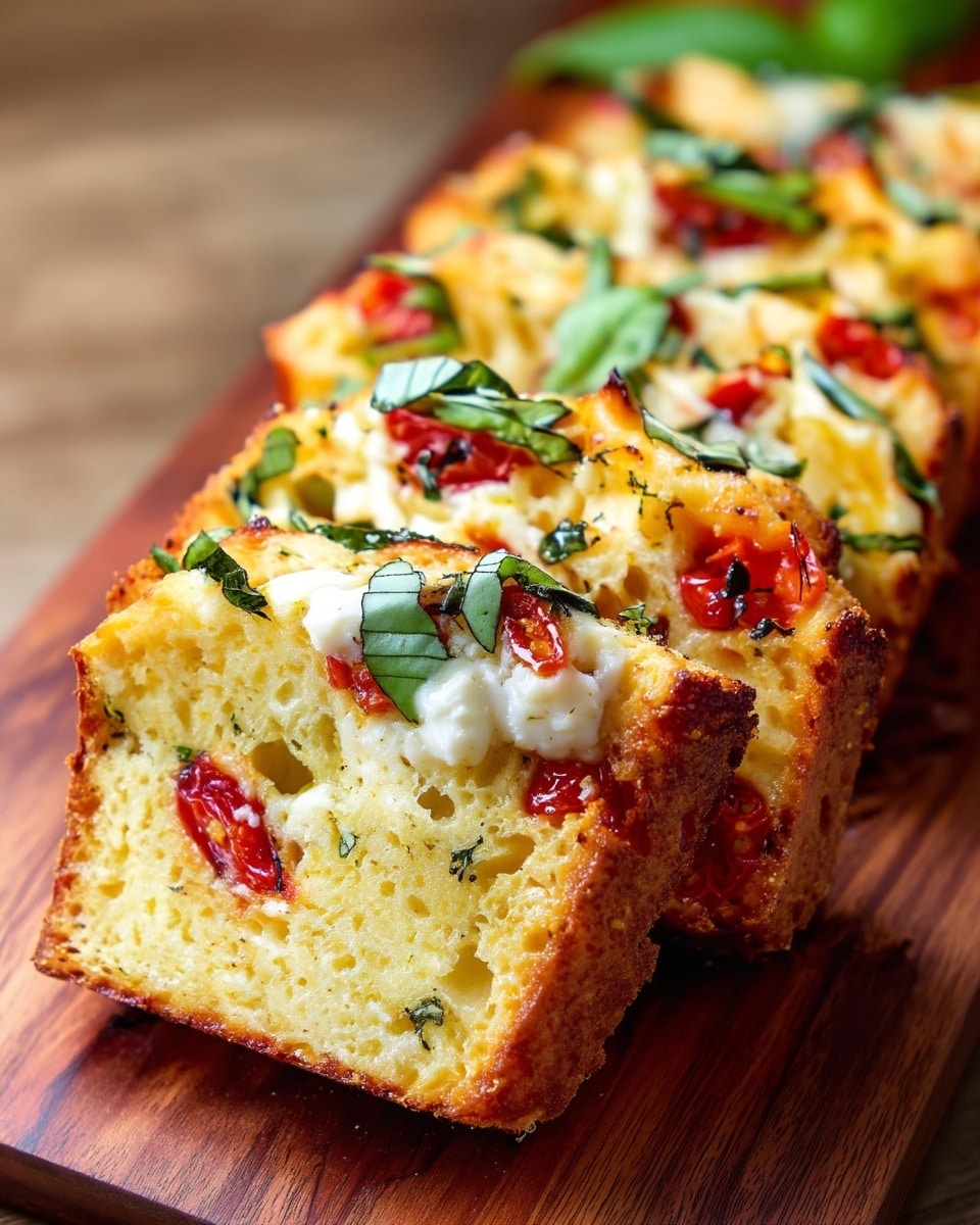 The image shows several slices of golden-brown bread with a soft, airy texture inside, placed in a row on a wooden board. Each slice has visible pieces of red tomato and small bits of green herb mixed throughout the bread. On top, there are melted white cheese patches, scattered bright green basil leaves, and roasted red tomato pieces that add color and texture contrast. The edges of the bread slices look crisp, and the lighting highlights the fresh ingredients on a warm wooden surface. photo taken with an iphone --ar 4:5 --v 7