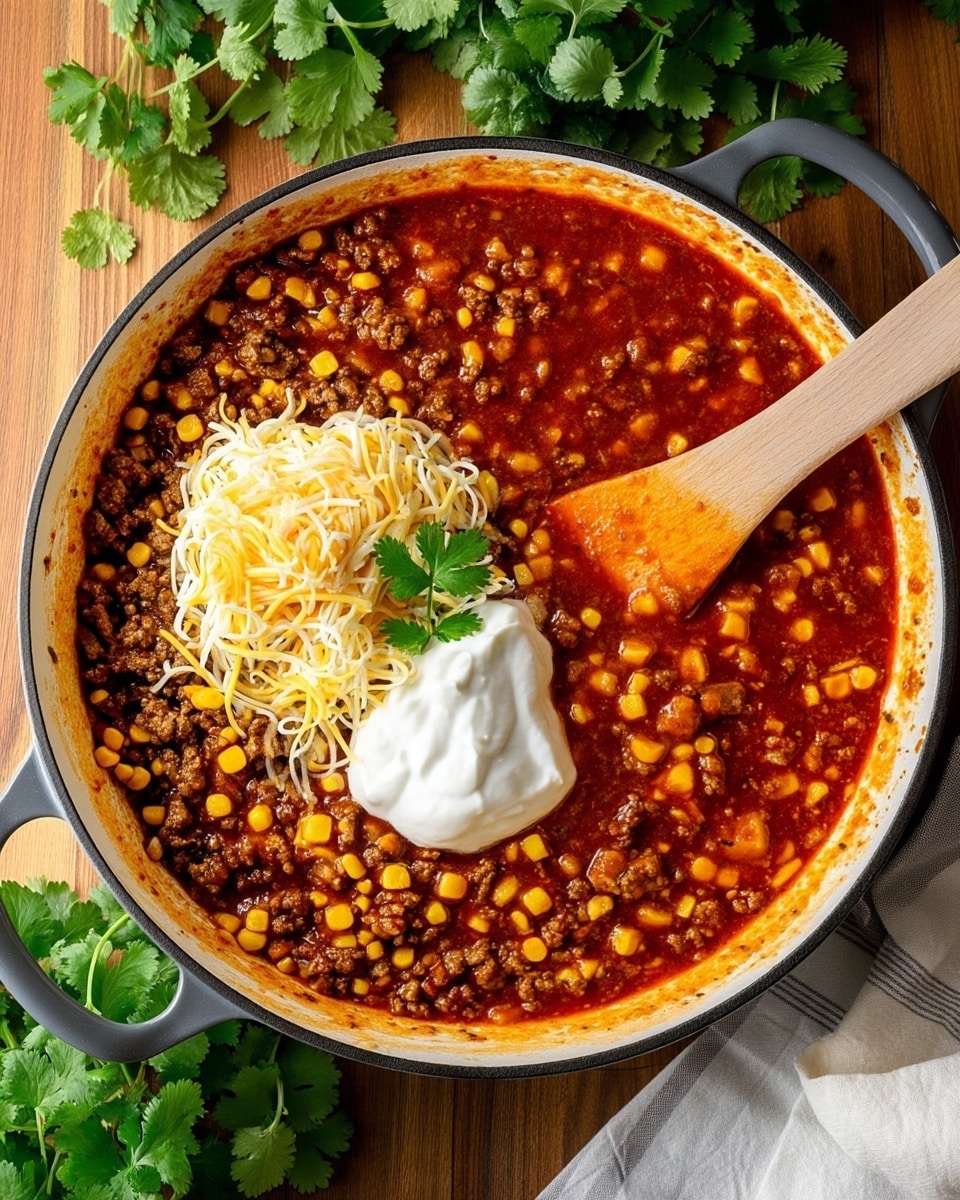 A round white pot filled with a mixture of browned ground meat and bright yellow corn kernels in a reddish-brown sauce. On top of the meat mixture, there is a pile of shredded white and yellow cheese along with a dollop of thick white sour cream. A wooden spatula rests inside the pot on the right side, partially covered with the sauce. The pot is placed on a wooden surface with green cilantro leaves nearby, and a grey-striped cloth is at the bottom right corner. photo taken with an iphone --ar 4:5 --v 7