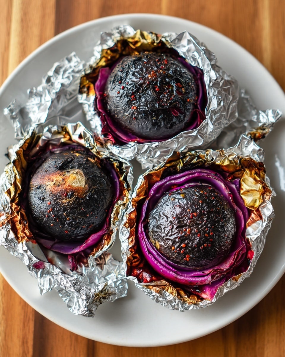The image shows three round, dark roasted vegetables, each wrapped in crinkled aluminum foil with some brown burnt spots on the foil edges. The vegetables have a deep black and dark brown charred surface with some rough texture and small cracks. Underneath the vegetables, there are visible purple-red layers that look like roasted cabbage leaves. All three foil-wrapped vegetables are placed on a large white plate, sitting on a wooden surface. photo taken with an iphone --ar 4:5 --v 7