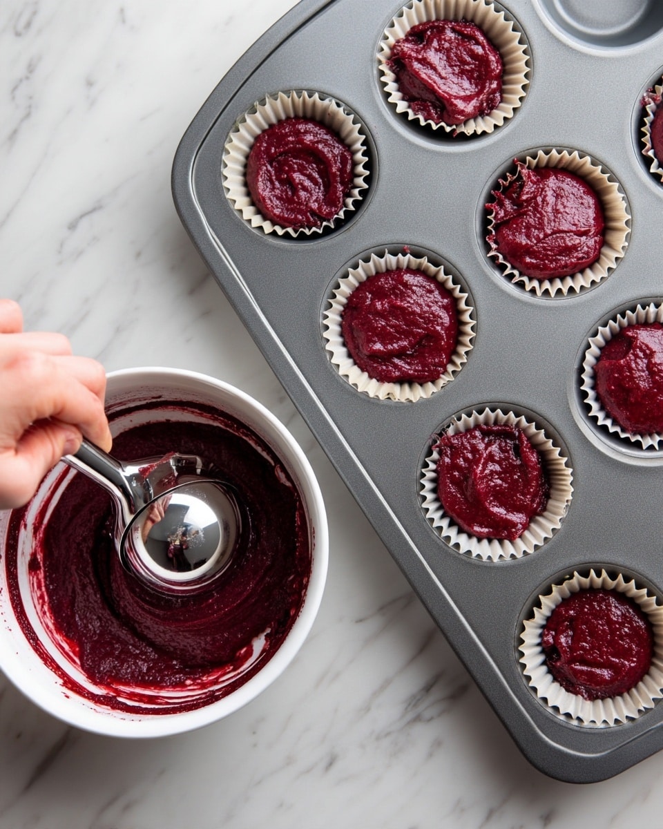 A close-up view of a gray metal muffin tray with white paper liners, each filled with dark red, thick, smooth batter. A woman's hand is using a silver ice cream scoop to put the batter into one liner. To the side, there is a white bowl filled with more thick, dark red batter, sitting on a white marbled surface. The batter inside the bowl shows spoon marks and a shiny texture, while the muffin tray sits below and to the right. Photo taken with an iphone --ar 4:5 --v 7