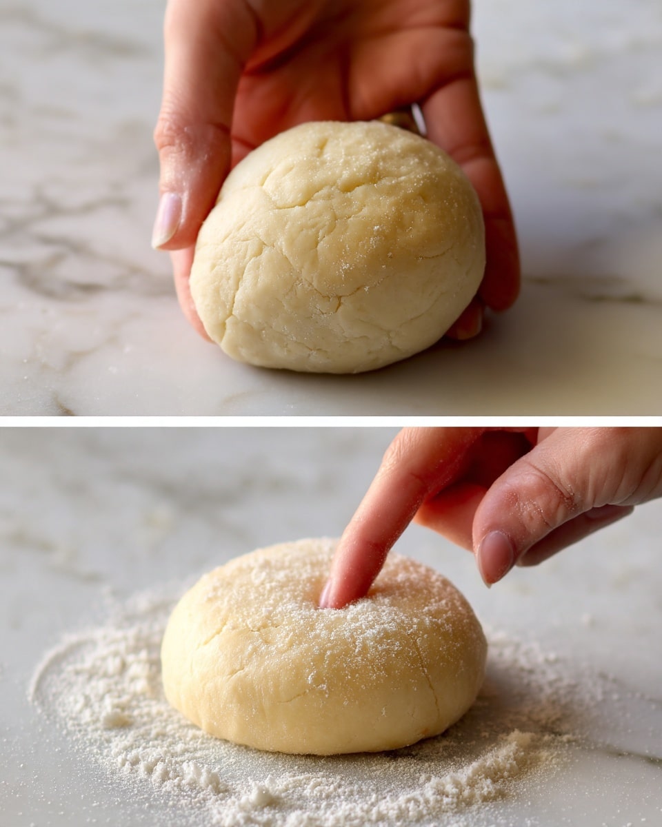 The image shows two close-up views of smooth round dough balls resting on a white marbled surface. In the left part, a woman's hand is gently holding a soft, light beige dough ball, showing its smooth and slightly cracked texture. On the right, a woman's hand is using her finger to press down and create an indentation in the middle of a similar dough ball lying flat on the white marbled surface, with a fine dusting of flour around it. The lighting highlights the soft, pliable texture of the dough. photo taken with an iphone --ar 4:5 --v 7