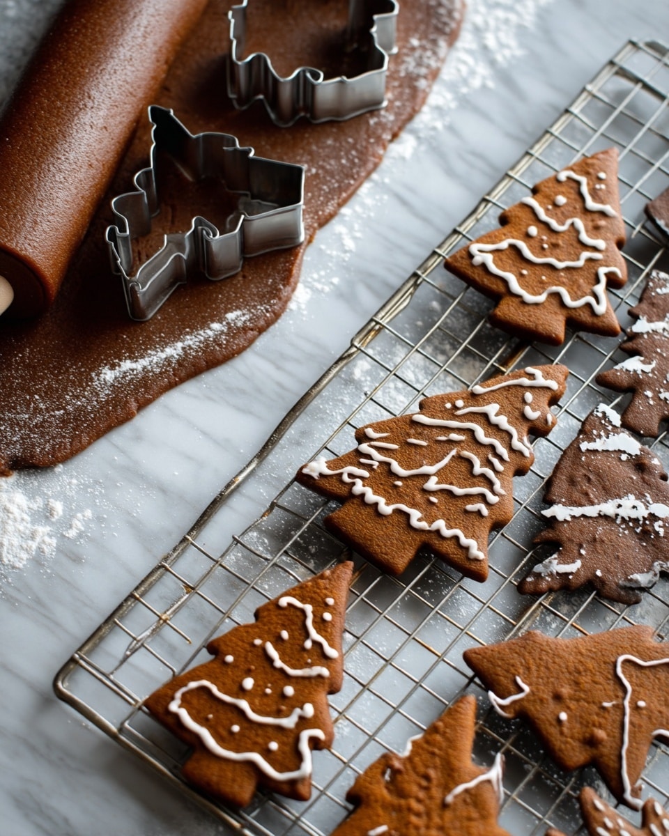 The image shows two parts: to the left, dark brown dough with a smooth texture is rolled out on a white marbled surface, with metal Christmas tree cookie cutters pressed into it, surrounded by a light dusting of flour; to the right, several baked gingerbread cookies shaped like Christmas trees are placed on a metal cooling rack, decorated with simple white icing lines and dots, with a lightly browned, slightly rough texture visible on the cookies. photo taken with an iphone --ar 4:5 --v 7