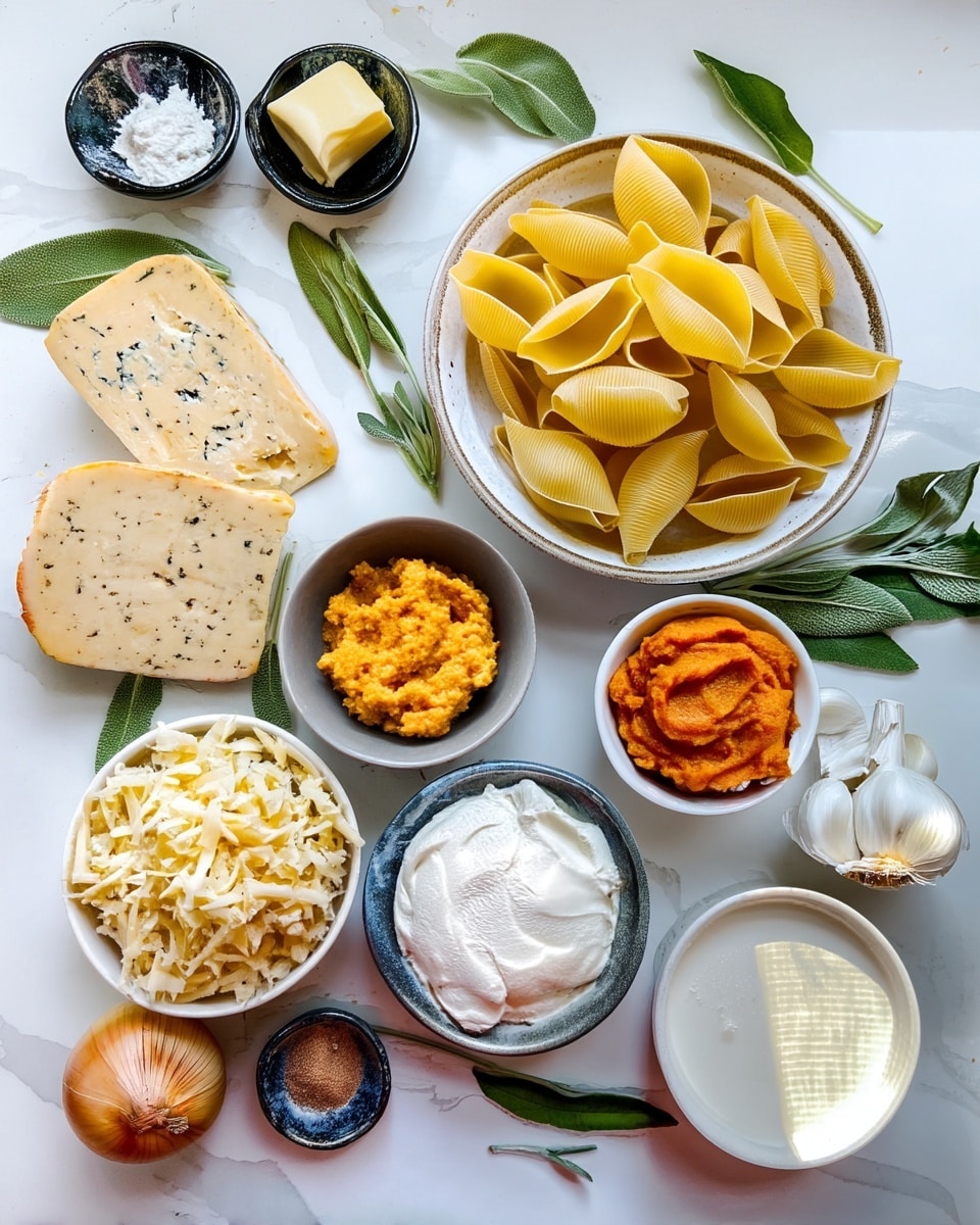 The image shows many ingredients arranged on a white marbled surface. On the right, there is a white bowl full of large yellow pasta shells with ridges, next to some fresh green sage leaves. Below it on the right side, a small white bowl with orange pumpkin puree looks smooth and thick. Below that, a grayish bowl filled with white creamy ricotta cheese has a soft, fluffy texture. In the center, a white bowl holds shredded pale yellow cheese, spilling slightly. To the left, a block of light yellow cheese with herbs inside is partially wrapped, with two fresh green leaves resting nearby. Above, a small black bowl contains a yellow piece of butter, a smaller black bowl next to it holds white flour, and a small black bowl below has brown spices. At the bottom left corner, there is a brown onion, a garlic bulb, and more green fresh leaves scattered around. The overall look is bright and natural, highlighting fresh and raw ingredients. Photo taken with an iphone --ar 4:5 --v 7