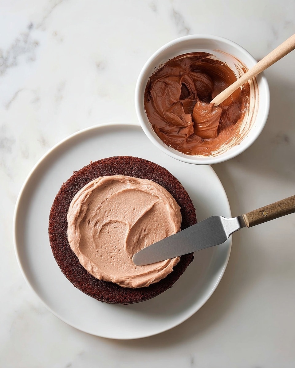 A single dark brown chocolate cake layer is placed on a white plate, with a smooth layer of light brown chocolate frosting spread evenly on top. A metal spatula with a wooden handle rests on the plate, partially on the cake and frosting. Next to the plate, there is a white bowl filled with more light brown chocolate frosting, showing a rubber spatula with a wooden handle inside it. The whole scene is set on a white marbled surface. photo taken with an iphone --ar 4:5 --v 7