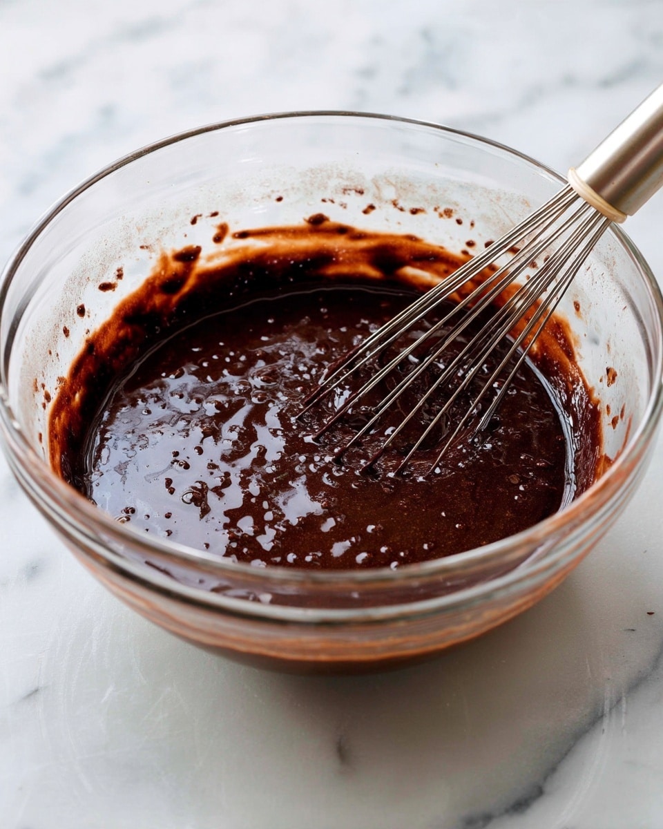 A clear glass bowl holds a thick, dark chocolate batter with a shiny, slightly bubbly texture, stirred by a metal whisk partially visible on the right side. The bowl shows splashes of batter near the edge, and it sits on a surface with a white marbled texture that contrasts with the rich brown mixture inside. The batter appears smooth but with small lumps spread throughout, creating a dense, rich look. Photo taken with an iphone --ar 4:5 --v 7