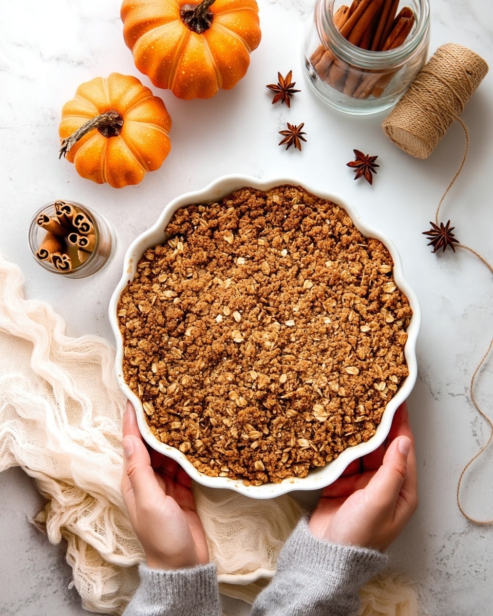 A white scalloped pie dish filled with a thick, crumbly brown oat topping that has visible clusters and oats spread evenly to the edges, resting on a soft beige cloth. Two small bright orange pumpkins and two star anise pieces sit on a white marbled surface nearby, with a glass jar full of cinnamon sticks and a spool of tan twine also visible in the background. A woman’s hands in a grey sweater hold the pie dish at the bottom corners. photo taken with an iphone --ar 4:5 --v 7