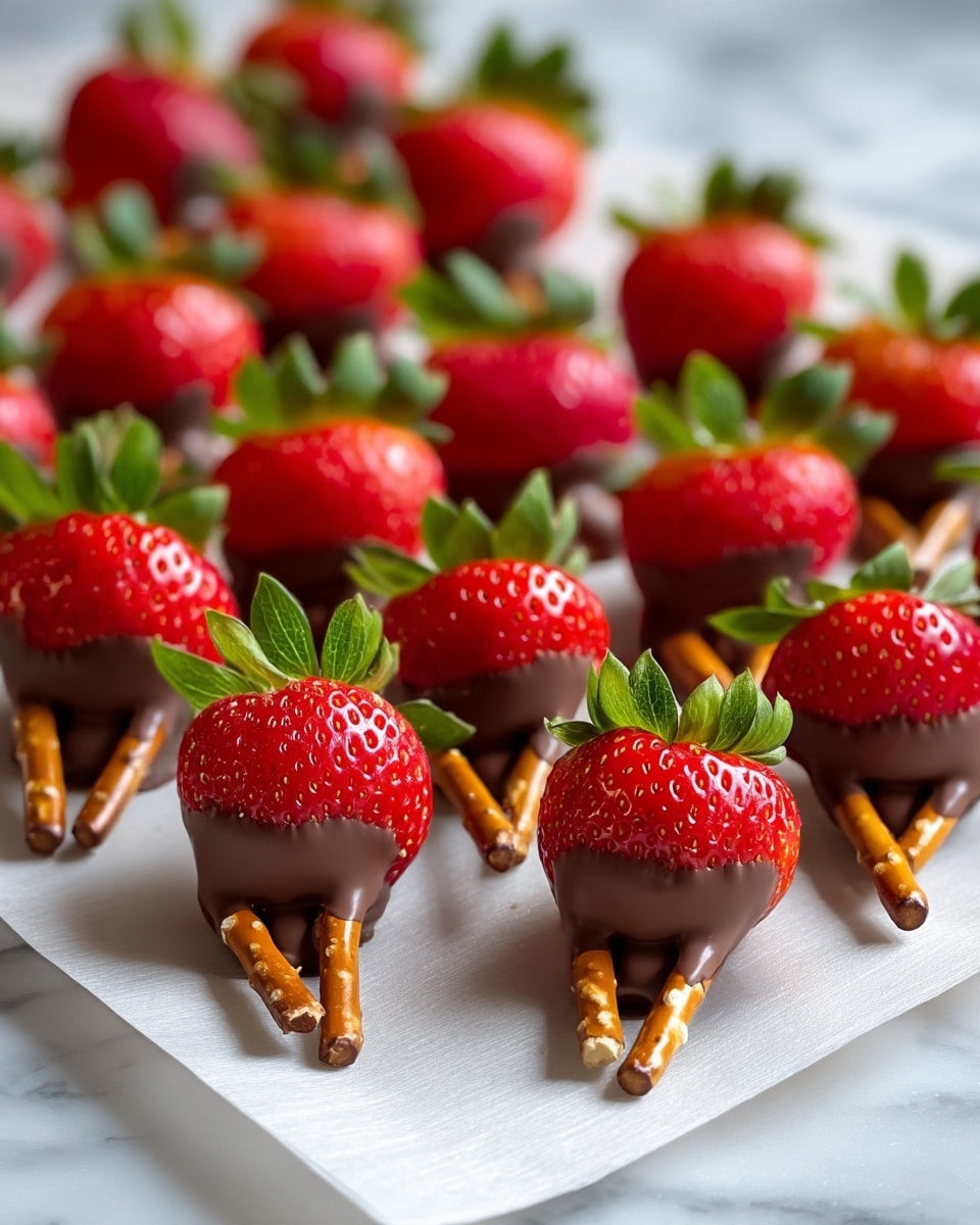 This image shows rows of red strawberries placed on white parchment paper over a white marbled surface, each strawberry paired with two small pretzel sticks dipped partly in chocolate and attached to the bottom of the strawberry, making each look like a little person with chocolate shoes and pretzel legs. The strawberries are bright and shiny, with green leafy tops, and the chocolate has a smooth, slightly glossy texture. The scene is well lit, highlighting the vibrant red, brown, and green colors in a close-up view. photo taken with an iphone --ar 4:5 --v 7