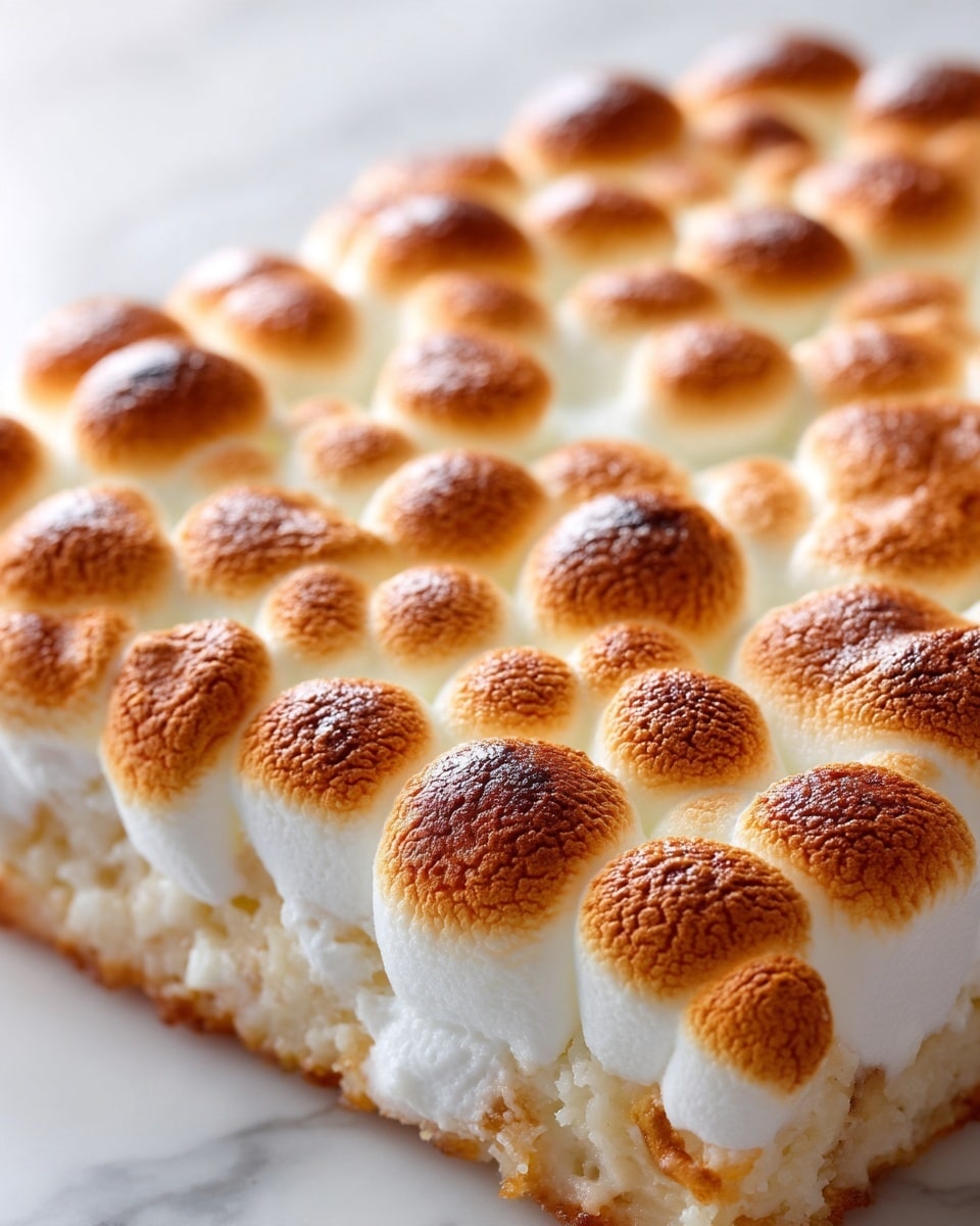 A close-up view of a baked dish featuring a dense layer of toasted marshmallows on top. The marshmallows are soft and puffy, packed tightly together, and have a light golden brown color on their rounded tops, while the sides remain white and fluffy. The texture appears slightly crispy on the browned parts with a soft and pillowy feel overall. The dish is placed on a white marbled surface in soft natural light, highlighting the warm tones of the toasted marshmallows photo taken with an iphone --ar 4:5 --v 7