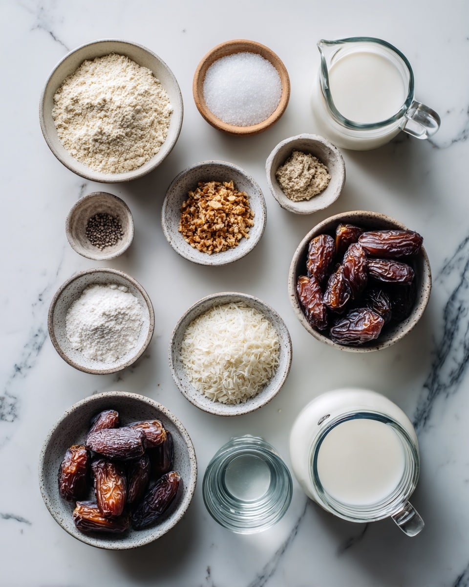 Top-down professional food photography flat lay style, bright white marble countertop, neatly arranged, evenly spaced, tidy, clean organized layout, include: bowl of almond flour, small bowl of sea salt, small bowl of cornstarch, small bowl of vanilla bean powder, small bowl of chopped pitted Medjool dates, small bowl of whole pitted Medjool dates, glass measuring cup of lite canned coconut milk, small glass cup of maple syrup, small glass cup of water, bright soft natural lighting, sharp focus, high detail textures, realistic reflections, professional DSLR look, 4K, no finished dish, no cooked food, no hands, no text, no watermark, no brand logos --ar 4:5 --v 7