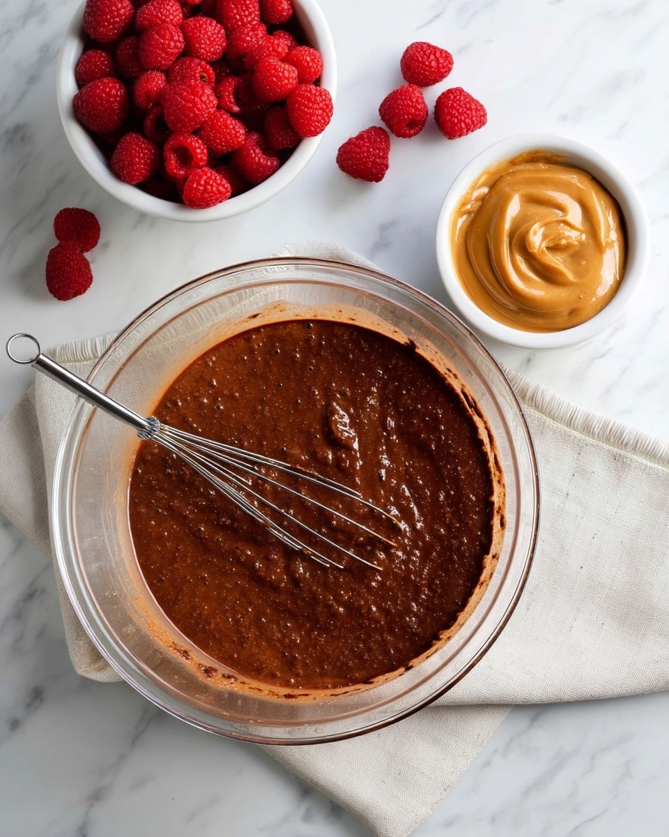 A clear glass bowl sits on a white marbled surface with a light cloth underneath, filled with a thick, dark brown chocolate batter with a slightly grainy texture, and a metal whisk resting inside, partially submerged. Nearby, there are two small white bowls, one filled with smooth, creamy tan peanut butter and the other with fresh, bright red raspberries. The scene is bright and clean with a soft natural light. photo taken with an iphone --ar 4:5 --v 7