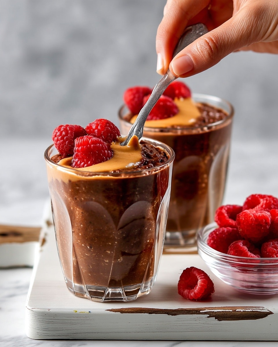 Two clear glass cups filled with three layers: the bottom and largest layer is thick dark brown chocolate pudding with a slightly textured surface, the middle layer is a smooth light brown peanut butter dollop slightly spread on top, and the top layer has three bright red raspberries placed on the peanut butter. A woman's hand holding a silver spoon is about to scoop from the front cup. The cups sit on a worn white wooden board, which rests on a white marbled surface. A small glass bowl with extra raspberries sits to the right side. Photo taken with an iphone --ar 4:5 --v 7