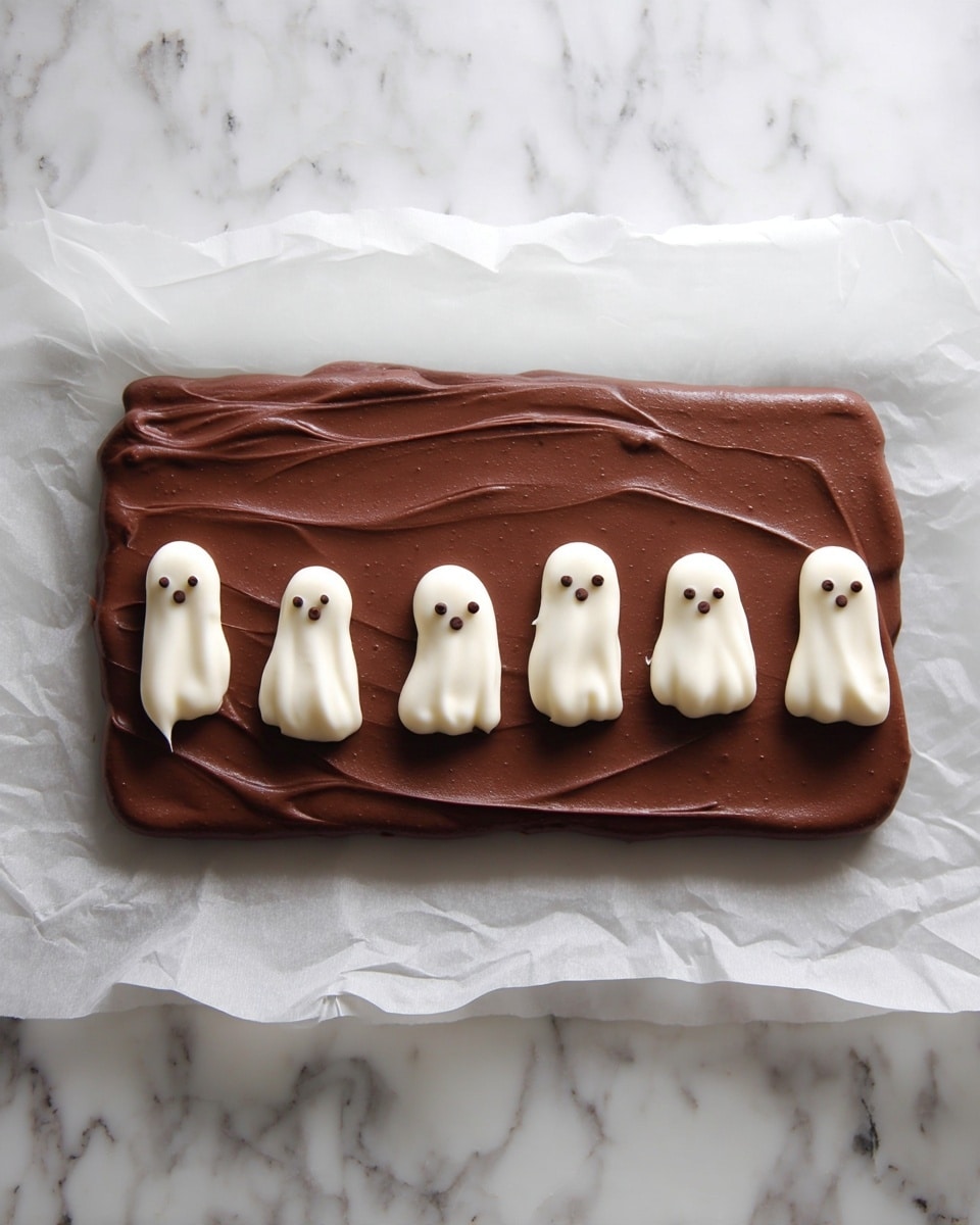 A rectangular layer of smooth, dark brown chocolate spread evenly on crinkled white parchment paper shows seven small white shapes that look like little ghosts on the chocolate surface; each ghost shape is made of a white creamy substance and has small dark dots resembling eyes and mouths, arranged in a loose row across the bottom half of the chocolate. The photo is taken on a white marbled surface photo taken with an iphone --ar 4:5 --v 7
