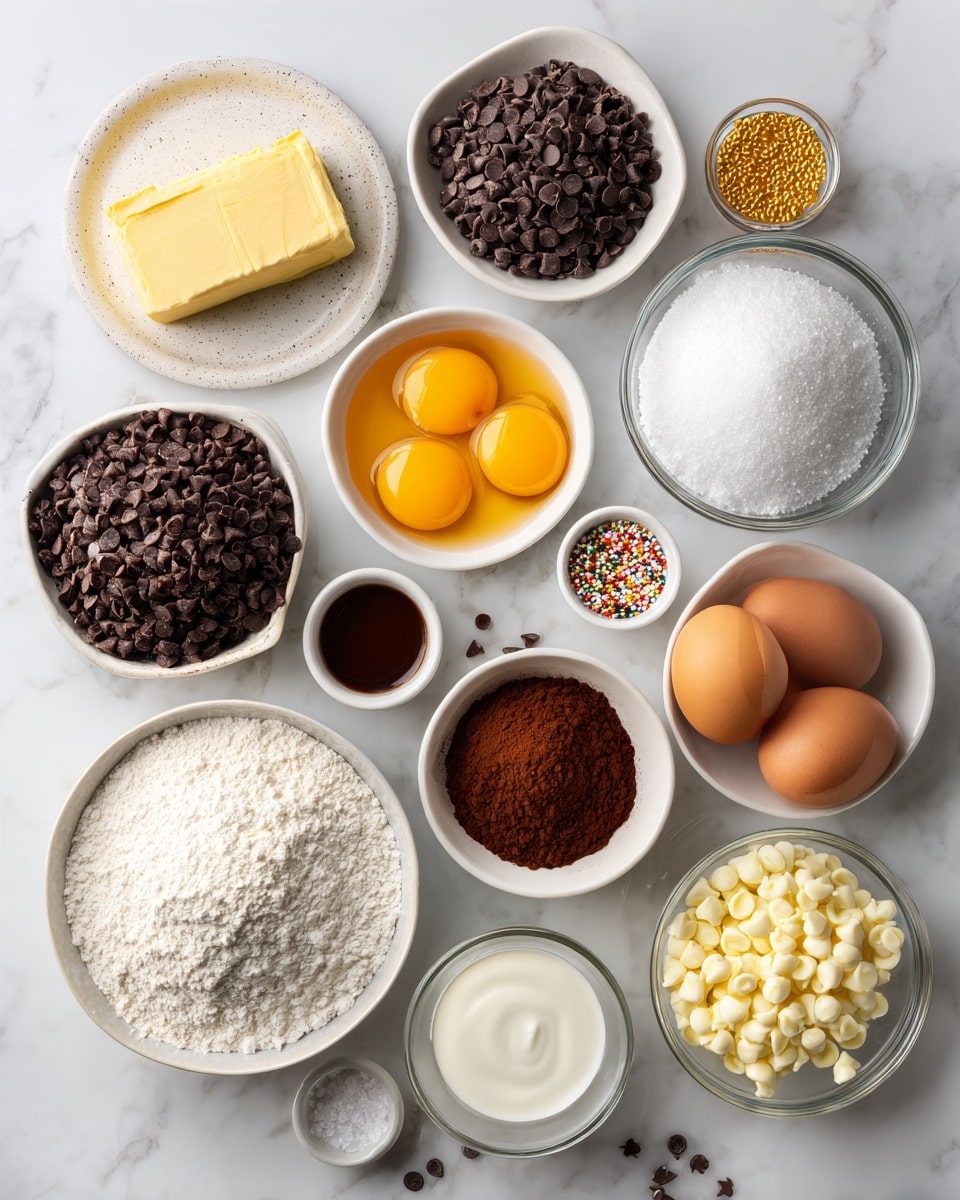 Top-down professional food photography, flat lay style, bright white marble countertop, neatly arranged, evenly spaced, tidy, clean organized layout, include: small plate of salted butter, small bowl of granulated sugar, small bowl of dark brown sugar, small bowl of semisweet chocolate chips, small plate with two whole eggs and one egg yolk, small bowl of pumpkin puree, small bottle of vanilla flavoring, small bowl of unsweetened cocoa powder, small bowl of espresso powder, small bowl of salt, small bowl of all-purpose flour, small bowl of additional semisweet chocolate chips or mixed nuts, small glass measuring cup of heavy cream, small bowl of white chocolate chips, small bowl of melted dark or semisweet chocolate, small bowl of gold sanding sugar, small bowl of gold or white star sprinkles, small bowl of assorted colorful sprinkles, bright soft natural lighting, sharp focus, high detail textures, realistic reflections, professional DSLR look, 4K, no finished dish, no cooked food, no hands, no text, no watermark, no brand logos --ar 4:5 --v 7