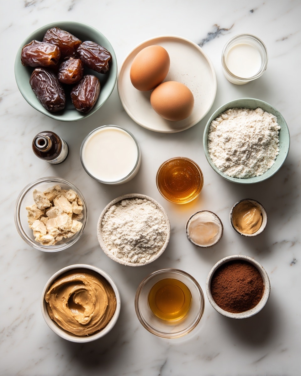 Top-down professional food photography, flat lay style, bright white marble countertop, neatly arranged, evenly spaced, tidy, clean organized layout. Include: bowl of pitted dates, small bottle of vanilla essence, small bowl of natural peanut butter, small glass cup of milk alternative, small glass cup of melted refined coconut oil, small plate with a large egg (out of shell), bowl of coconut flour, bowl of Dutch-process cocoa powder, small bowl of baking powder, small glass cup of melted coconut oil for frosting, small bowl of natural peanut butter for frosting, small bowl of Dutch-process cocoa powder for frosting, small glass cup of honey. Bright soft natural lighting, sharp focus, high detail textures, realistic reflections, professional DSLR look, 4K. No finished dish, no cooked food, no hands, no text, no watermark, no brand logos --ar 4:5 --v 7