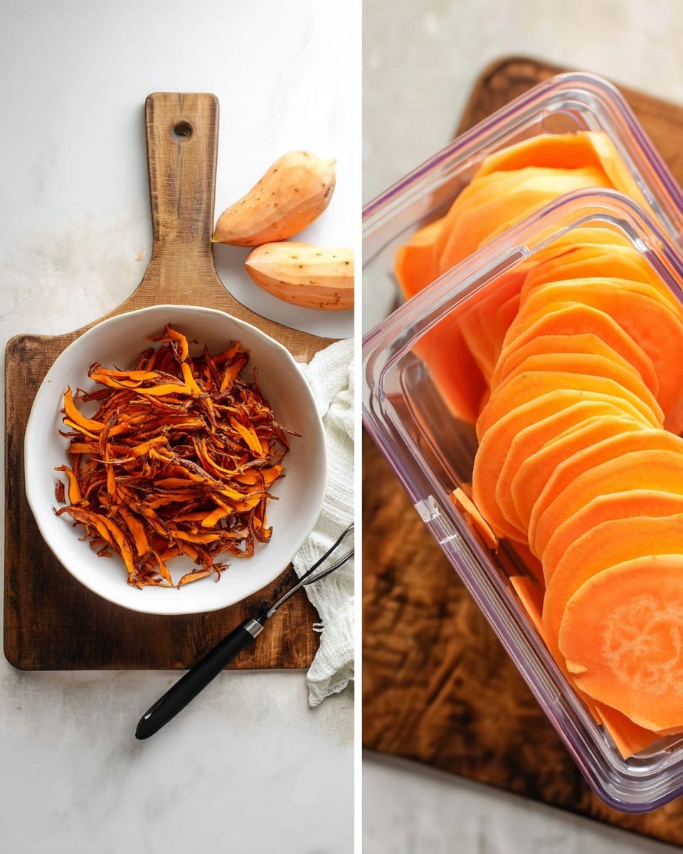The image shows two parts side by side on a white marbled surface. On the left side, there is a white bowl filled with orange and brown sweet potato peels placed on top of a wooden cutting board. Around the bowl are six peeled whole sweet potatoes, with a black peeler lying next to them on the board and a white cloth partially visible under the board. On the right side, a close-up view shows thin orange slices of sweet potato layered inside a clear plastic container, with some of the wooden board visible underneath. The colors are mainly warm orange shades with brown and white tones. Photo taken with an iphone --ar 4:5 --v 7