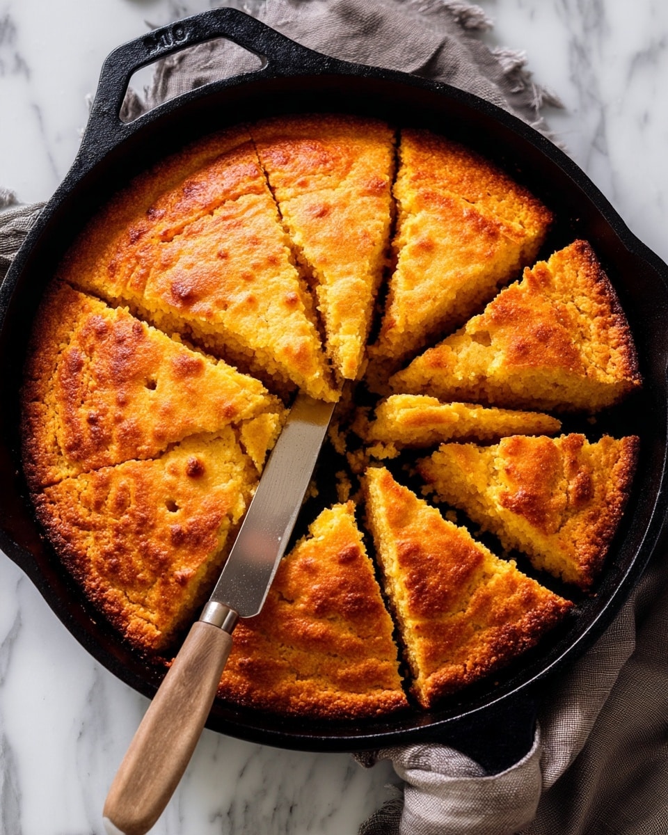 A single-layer golden brown cornbread with a slightly rough, crumbly texture is shown inside a black cast iron skillet. The cornbread is cut into nine square pieces with visible cracks along the cuts, giving a rustic look. The surface of the cornbread has a warm yellow color with some darker browned spots, indicating it is well baked. A knife with a wooden handle rests on the skillet edge, partially over the cornbread. The skillet sits on a white marbled surface with a soft gray cloth tucked beside it. Photo taken with an iphone --ar 4:5 --v 7