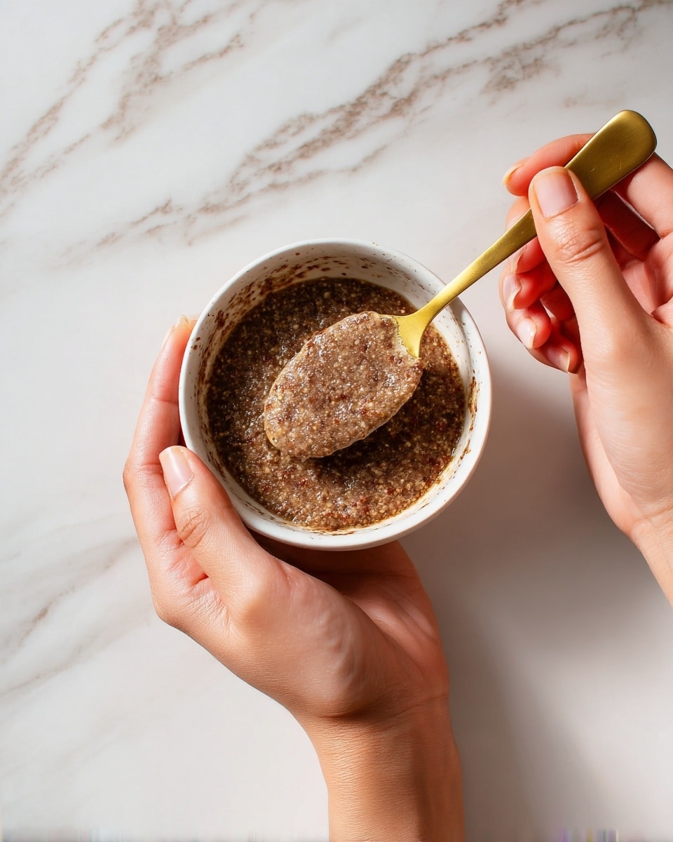 A pair of woman's hands hold a small white bowl filled with a speckled brown mixture that has a slightly grainy and thick texture. One woman's hand holds the bowl steady while the other lifts a golden spoon covered in the same mixture from the bowl. The scene is set on a white marbled surface with soft natural light, emphasizing the coarse texture and rich earthy colors of the mixture. photo taken with an iphone --ar 4:5 --v 7