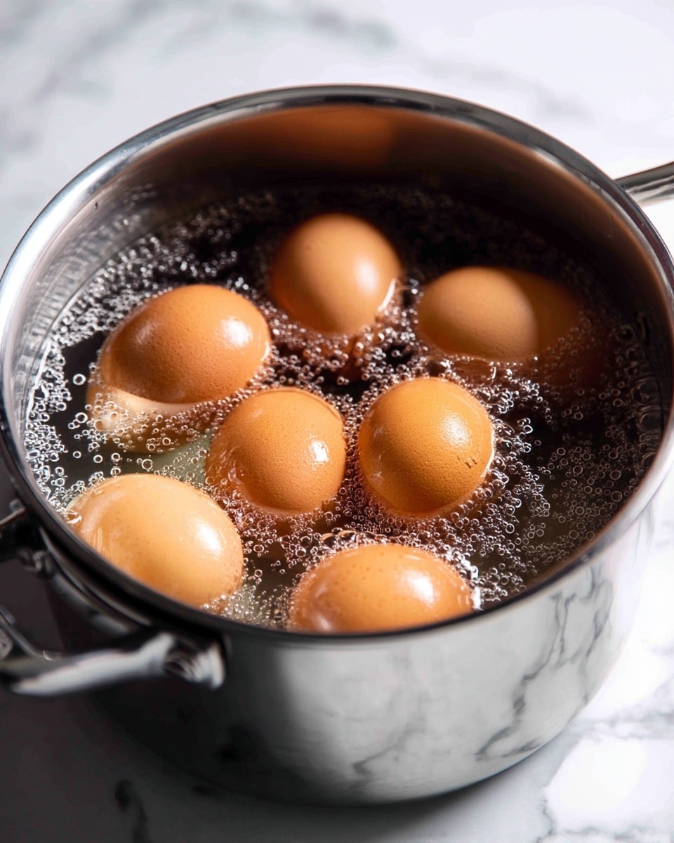 The image shows a silver pot filled with clear water boiling on a white marbled surface. Inside the pot, there are several brown eggs partially submerged, with bubbles rising up around them, indicating the water is boiling. The eggs have a smooth texture and are evenly spaced within the pot. photo taken with an iphone --ar 4:5 --v 7