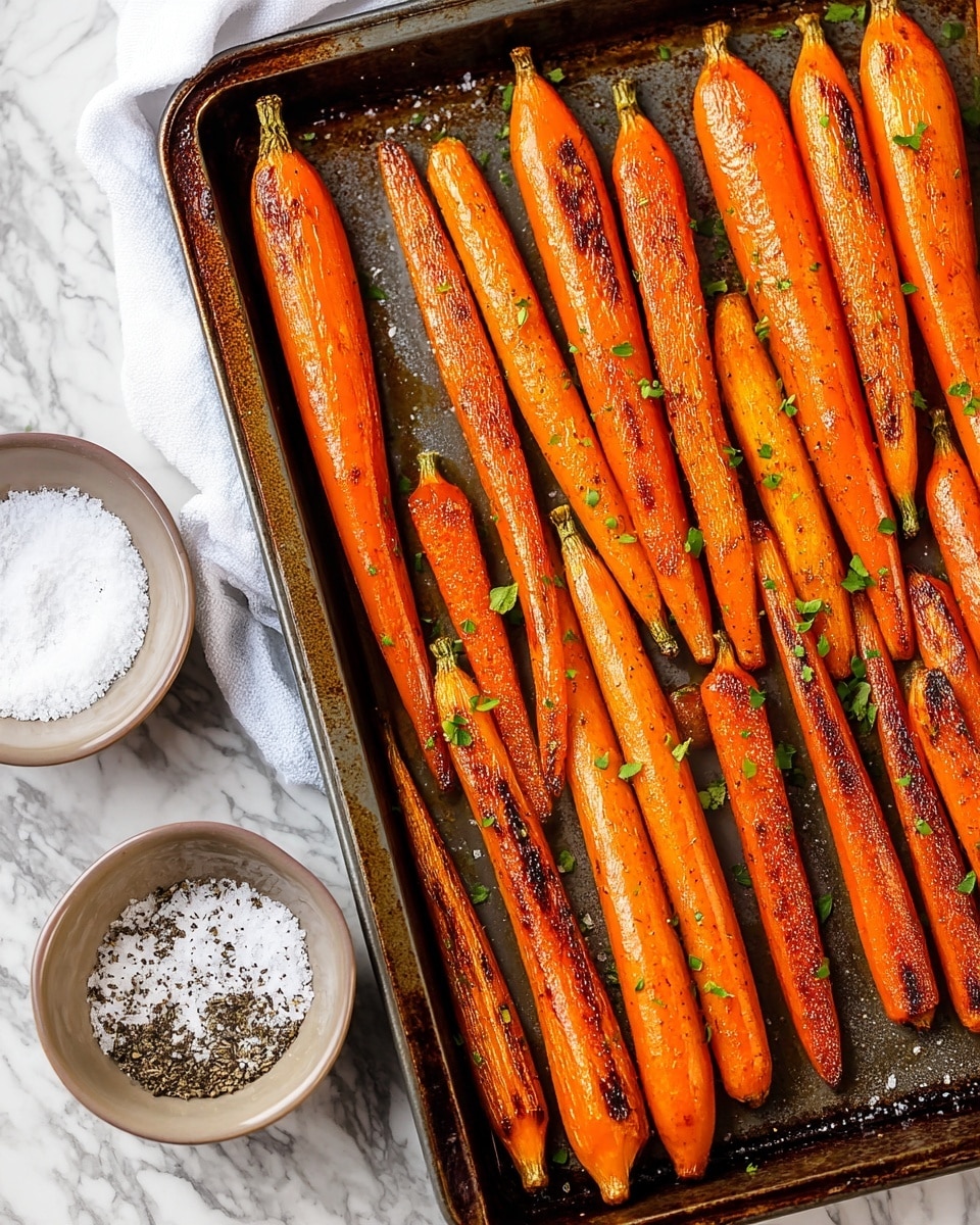 The image shows a baking tray filled with long, roasted carrots lined up in neat rows. The carrots have a shiny, caramelized orange surface with some dark brown spots indicating a light charring. Small bits of green herbs are sprinkled on top, adding a touch of color contrast. Next to the tray, there are two small bowls placed on a white marbled surface, one filled with coarse white salt and the other with ground black pepper. The overall scene is bright and clean. photo taken with an iphone --ar 4:5 --v 7
