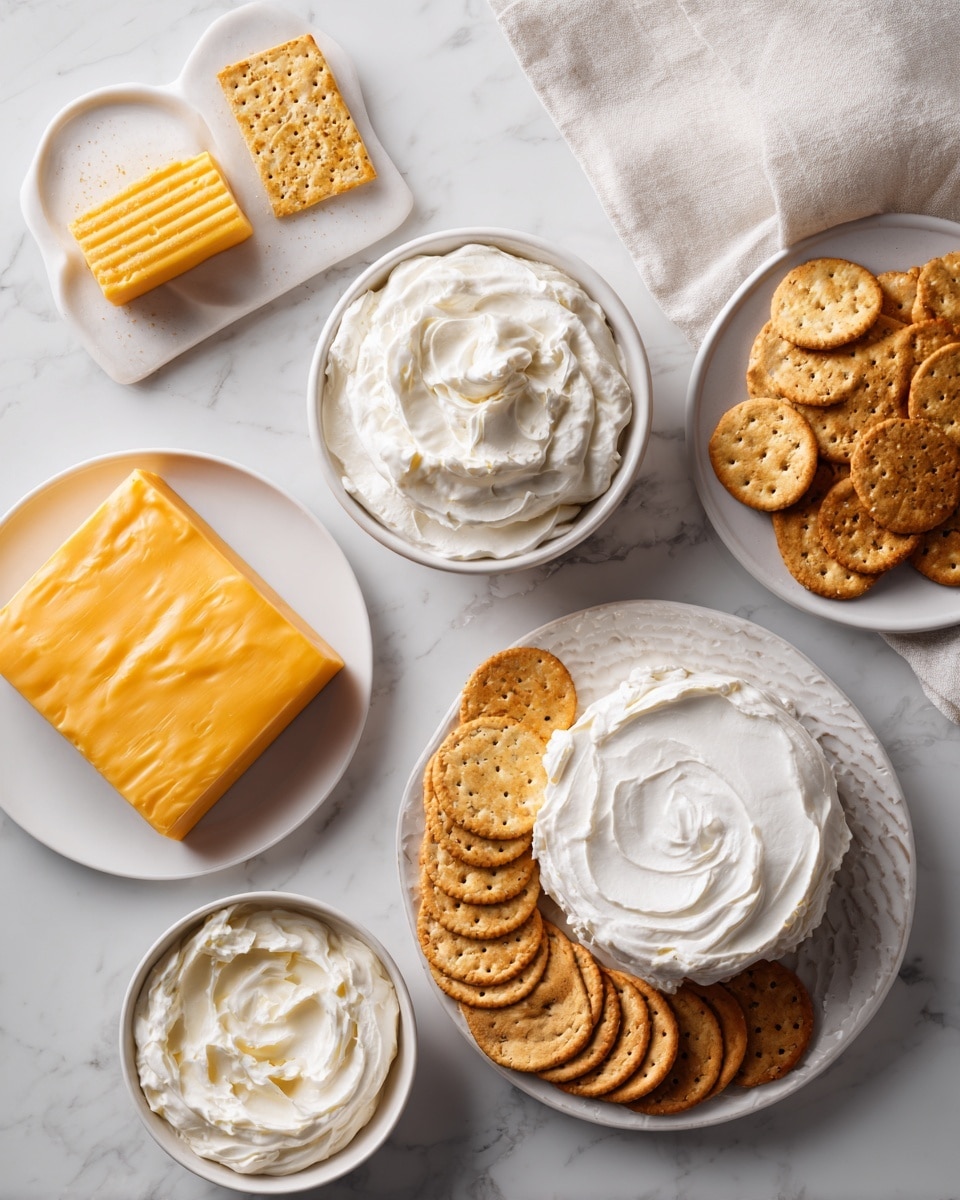 Top-down professional food photography, flat lay style, bright white marble countertop, neatly arranged, evenly spaced, tidy, clean organized layout, include: block of cheddar cheese on a small plate, bowl of whipped cream cheese, plate with thin wheat crackers, plate with round toasted crackers, bright soft natural lighting, sharp focus, high detail textures, realistic reflections, professional DSLR look, 4K, no finished dish, no cooked food, no hands, no text, no watermark, no brand logos --ar 4:5 --v 7