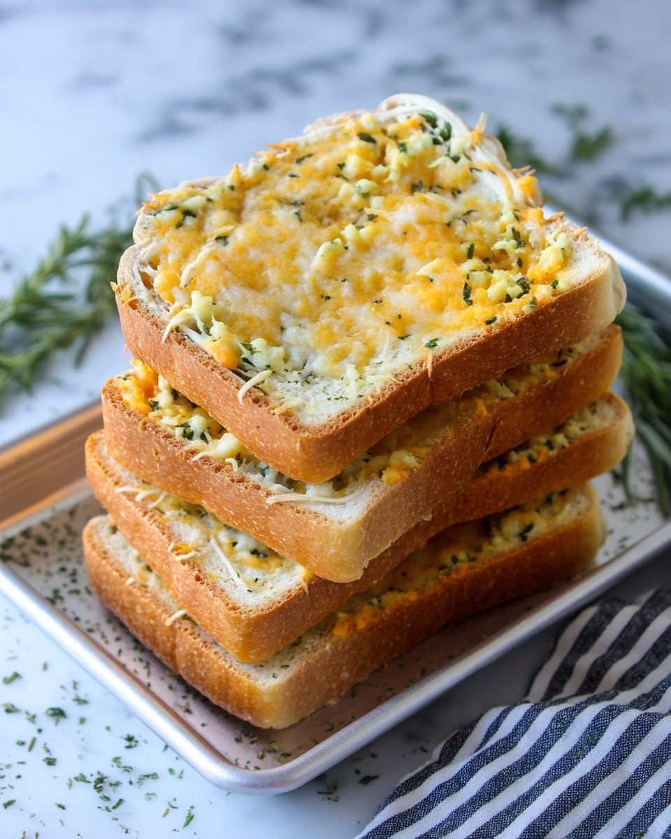 The image shows several slices of white bread stacked in a small pile on a metal tray. Each slice has a layer of melted cheese on top, which is a mix of light yellow and orange tones, with flecks of green herbs spread evenly through the cheese layer. The bread crust is light brown and soft-looking, while the cheese topping appears soft and slightly melted with a rough texture created by the herbs. The metal tray holding the bread sits on a white marbled surface with some herbs scattered around it. A striped cloth is partially visible at the bottom right corner. photo taken with an iphone --ar 4:5 --v 7
