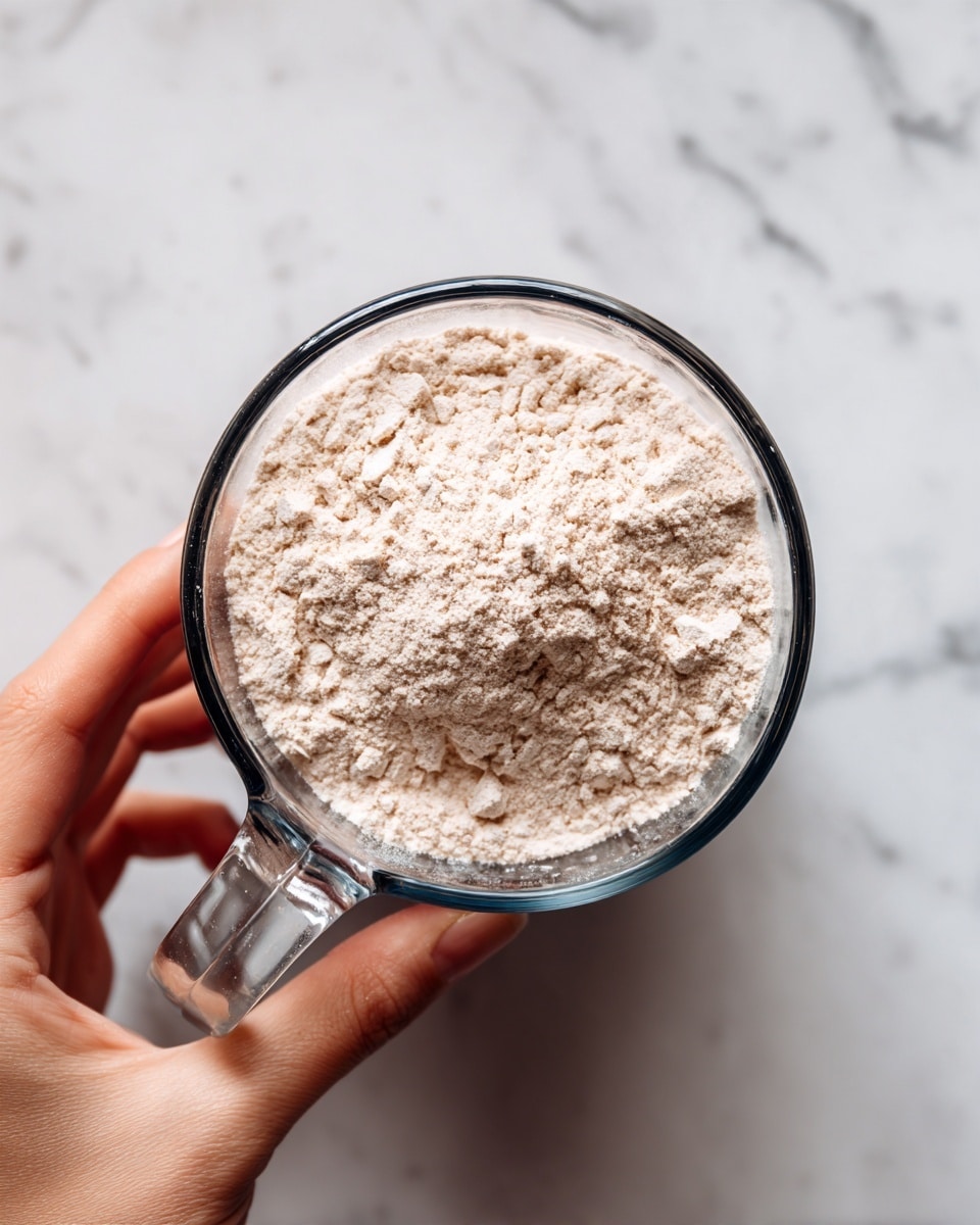 A clear glass measuring cup filled with a fine, pale beige powder, viewed from above; a woman's hand is holding the cup from the top. The background is a white marbled surface. photo taken with an iphone --ar 4:5 --v 7