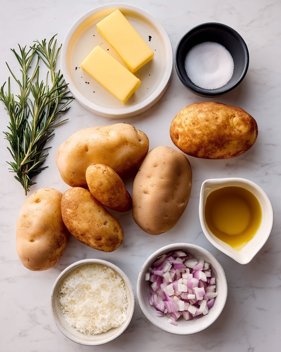 The image shows seven brown potatoes with rough skin arranged in the center on a white marbled surface. On the left, there are two fresh rosemary sprigs above a white plate with two pieces of yellow butter. Next to it is a small black round container filled with white salt and a white cup with golden olive oil inside. On the right, four small white bowls hold diced purple onions, thinly sliced garlic, and a fine white grated cheese, all arranged neatly. The scene looks clean and organized with natural lighting. photo taken with an iphone --ar 4:5 --v 7