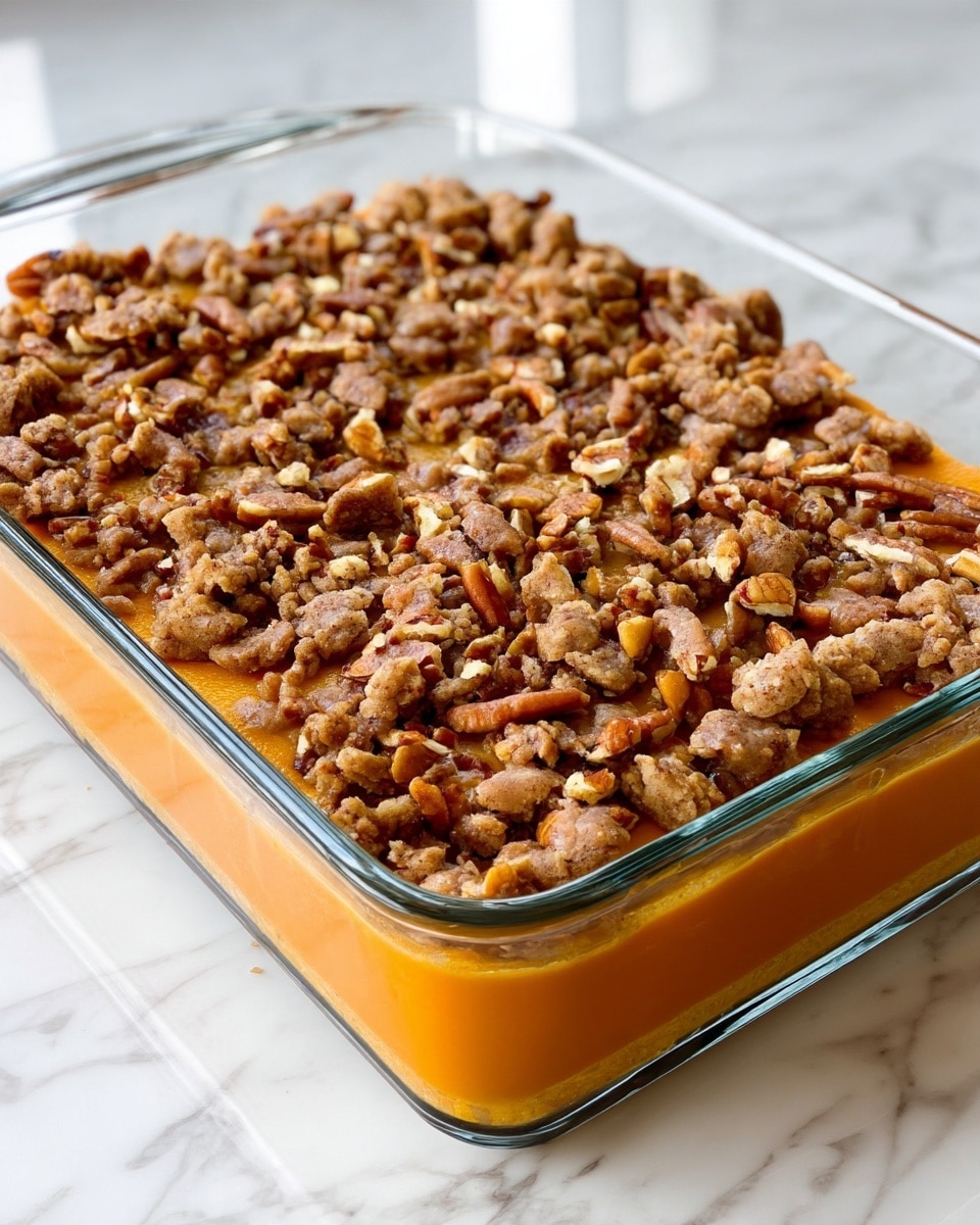 The image shows a rectangular glass baking dish filled with a layered dessert. The bottom layer is smooth and bright orange, covering the entire base evenly. On top of this is a crumbly, chunky layer of light brown and tan pieces mixed with pecans, spread thickly and irregularly across the orange layer. The glass dish is placed on a white marbled surface. photo taken with an iphone --ar 4:5 --v 7