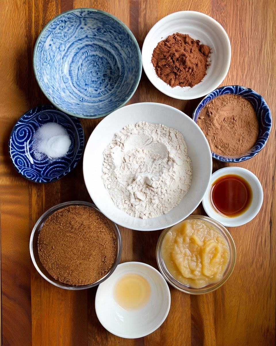 The image shows eight bowls each with different baking ingredients set on a wooden surface. In the center, there is a large white bowl filled with light beige flour with a soft powdery texture. To the top right, there is a medium-sized white bowl with reddish-brown cocoa powder with a fine texture. To the left of that, a medium blue bowl with white swirl patterns holds a small amount of salt and a white powder. Below the cocoa powder, a small white bowl contains a small pile of darker brown cocoa powder with a crumbly texture. To the right is a small white bowl with a dark amber liquid, likely vanilla extract. Below the flour bowl, there is a glass bowl filled with light brown sugar which has a slightly grainy texture. To the right of the sugar, a glass bowl holds a thick, pale apple sauce with a smooth and moist texture. At the very bottom in the center, a small white bowl contains a pale yellow liquid, possibly oil or vinegar. The bowls are arranged neatly and evenly spaced. The photo is taken from above on a wooden table photo taken with an iphone --ar 4:5 --v 7