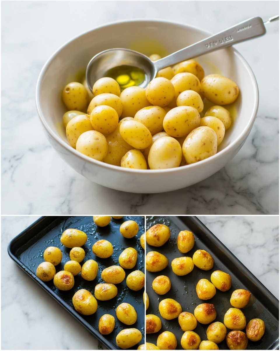 The image shows three stages of preparing small yellow potatoes on a white marbled background. On the left, a white bowl is full of raw, pale yellow potatoes with smooth skin, and a metal measuring spoon with olive oil is placed on top of the potatoes. On the right, the top photo displays the same potatoes spread out on a dark baking tray with a shiny oil coating, arranged in a single layer. The bottom right photo shows the potatoes on the tray after roasting, with their skin turning golden and slightly wrinkled, indicating a crispy texture. Photo taken with an iphone --ar 4:5 --v 7