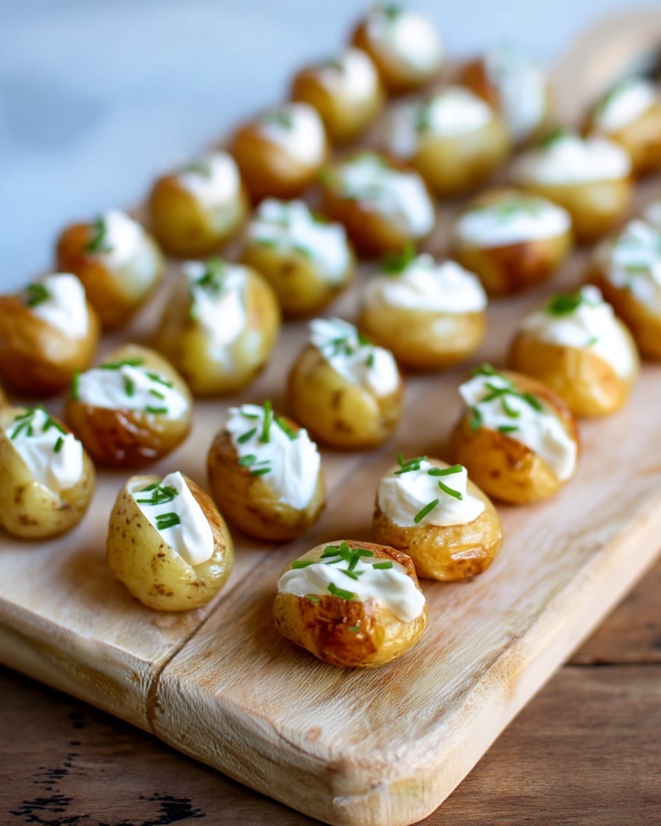 Small golden brown roasted potatoes are arranged in neat rows on a light wooden board. Each potato is split open at the top and filled with a dollop of white cream. Small green pieces of chopped chives are sprinkled over the cream, adding a fresh touch of color. The wooden board is placed on a white marbled surface. The image shows depth with the potatoes fading softly into the background. Photo taken with an iphone --ar 4:5 --v 7