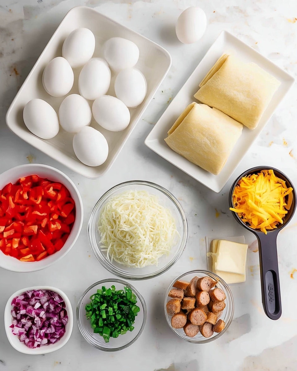 The image shows different ingredients arranged neatly on a white marbled surface. There is a white tray at the top left holding six whole white eggs, with one egg placed outside the tray. To the right, a white rectangular plate holds two folded sheets of pale yellow dough or pastry. Below that, there are several bowls and containers: a white bowl filled with small, diced red pieces (likely red bell pepper), a small clear glass bowl with chopped green onions, a black measuring cup filled with shredded yellow cheese, a white bowl with finely chopped red onions, a clear glass bowl containing sliced sausage pieces, and a small pile of two slices of pale butter on the surface. The items are cleanly separated and look fresh. Photo taken with an iphone --ar 4:5 --v 7