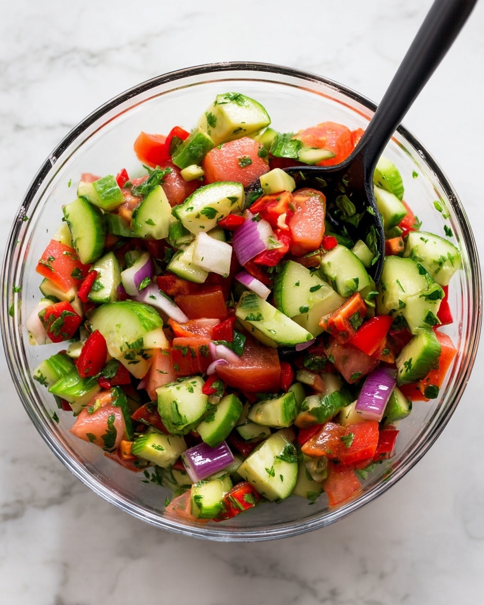 A clear glass bowl full of a colorful salad made of chunky pieces of bright green cucumbers, red tomatoes, and red onions mixed with fresh green herbs. A black spoon is placed inside the bowl, slightly lifting some salad. The bowl is set on a white marbled surface. The colors are fresh and vibrant, showing the different textures of the vegetables. photo taken with an iphone --ar 4:5 --v 7