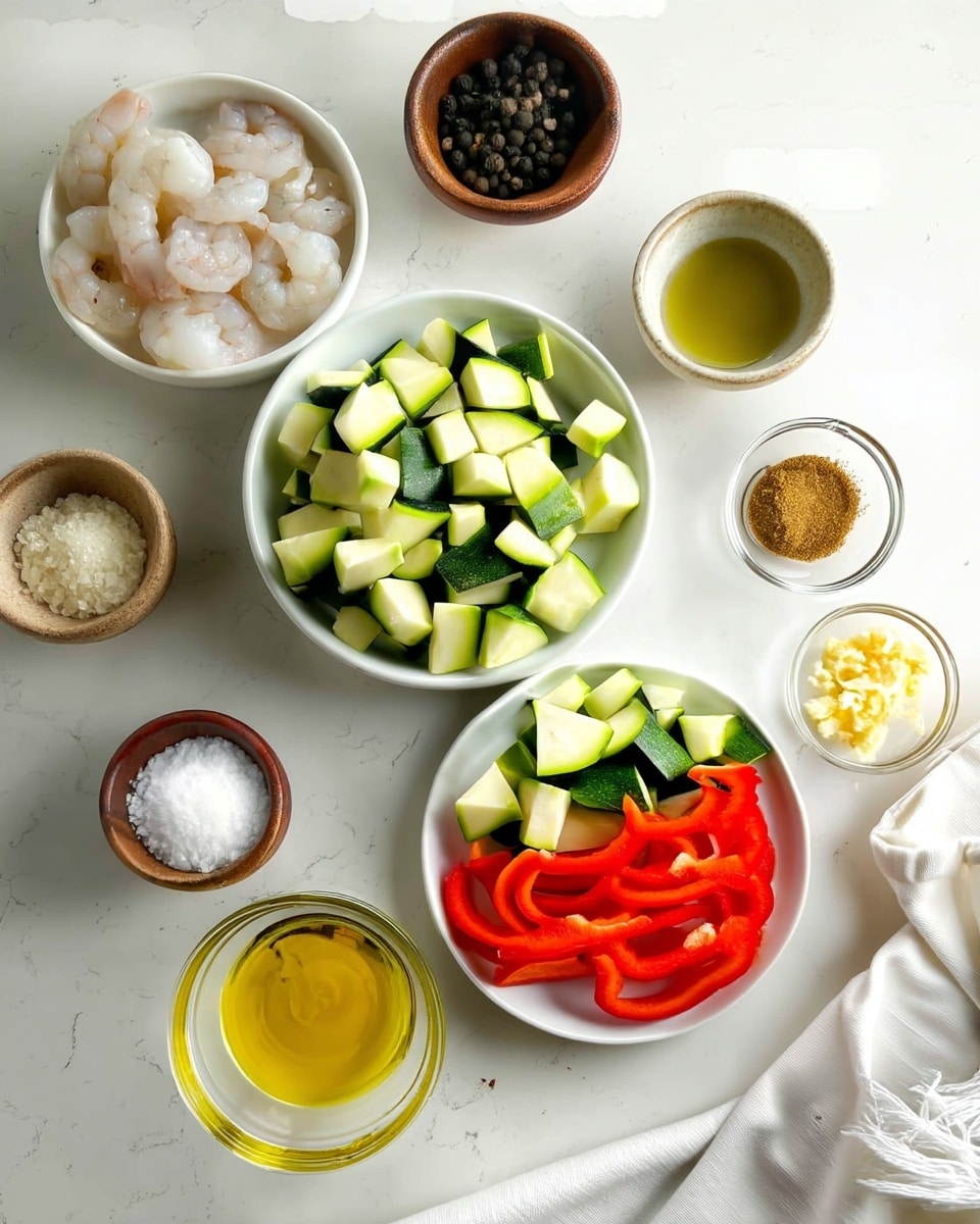 The image shows a clean white marbled surface with several small bowls arranged neatly. In the center, a white bowl is filled with raw white shrimp. Below it, a white bowl holds chopped green zucchini pieces and sliced red bell pepper strips. Surrounding these are smaller bowls with different ingredients: a bowl of clear yellow olive oil at the bottom left, white coarse salt in the bottom left corner, dark ground peppercorns in a brown bowl at the top right, finely chopped garlic in a small white bowl on the right side, light brown ground spice near the top right, a small bowl with lemon juice slightly above the shrimp, and a tiny bowl of red pepper flakes on the left. The whole setting is bright and organized, with a white cloth partially visible on the right edge. photo taken with an iphone --ar 4:5 --v 7