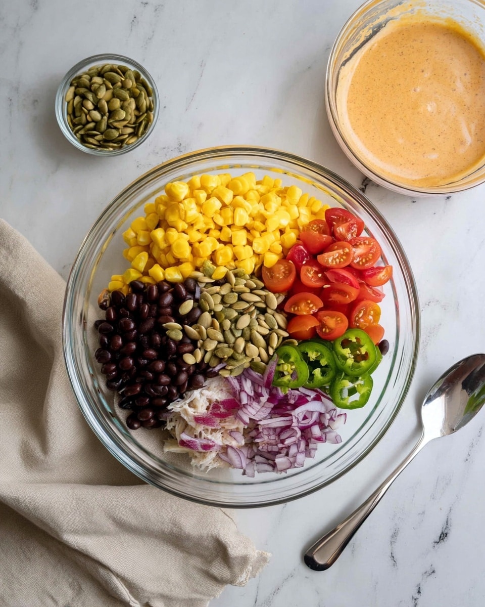 The image shows a clear bowl on a white marbled surface filled with six separate layers of ingredients arranged in a circular pattern. Starting from the top left, bright yellow corn kernels form the first layer, followed clockwise by dark black beans, shredded light beige chicken, finely chopped red onion, sliced green jalapeño peppers, and halved red cherry tomatoes. In the center of the bowl, there is a small pile of green pumpkin seeds. To the upper right of the bowl, there is a smaller clear bowl with a light brown creamy dressing. A silver spoon lies on the surface near the bottom right corner, and a beige cloth napkin is partially visible in the bottom left corner of the frame. photo taken with an iphone --ar 4:5 --v 7