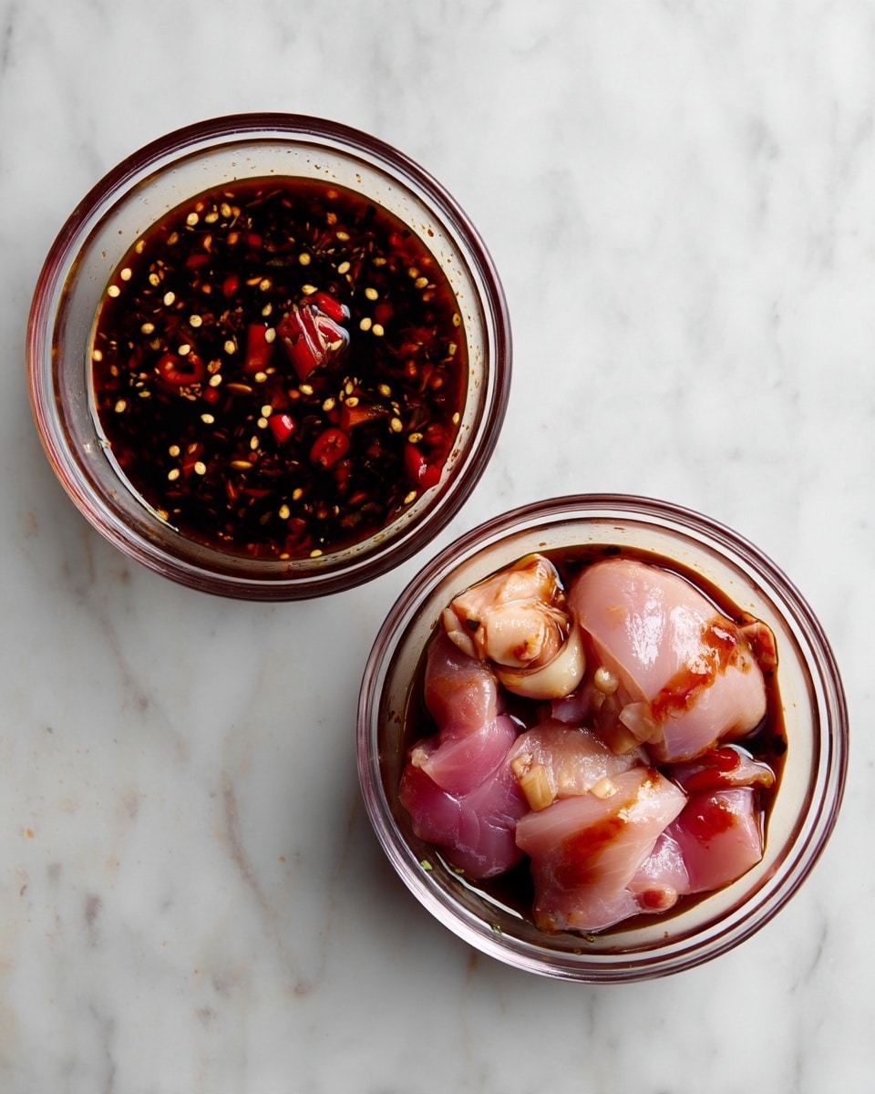The image shows two clear glass bowls on a white marbled surface. The left bowl contains a dark, thick sauce mixed with small white seeds and tiny bits of red chili, giving a speckled texture. The right bowl has raw chicken pieces soaked in a similar dark sauce, with the chicken’s smooth skin and pinkish flesh visible under the liquid. Both bowls are round and transparent, showing the sauce’s richness and the texture of the chicken clearly. photo taken with an iphone --ar 4:5 --v 7