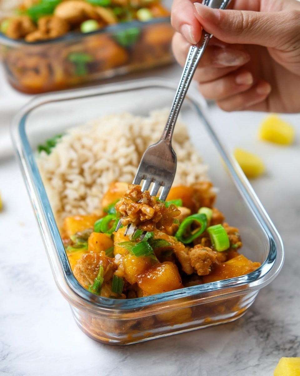 A clear rectangular glass container holds a two-layer meal with brown rice as the back layer, shown in off-white grainy texture. The front layer consists of cooked chicken pieces mixed with pineapple chunks in a golden brown sauce, garnished with small bright green chopped scallions. A woman's hand holds a metal fork lifting a bite of the chicken and pineapple mix above the container. The background is a white marbled surface with blurred similar containers and small yellow pineapple pieces scattered around. Photo taken with an iphone --ar 4:5 --v 7