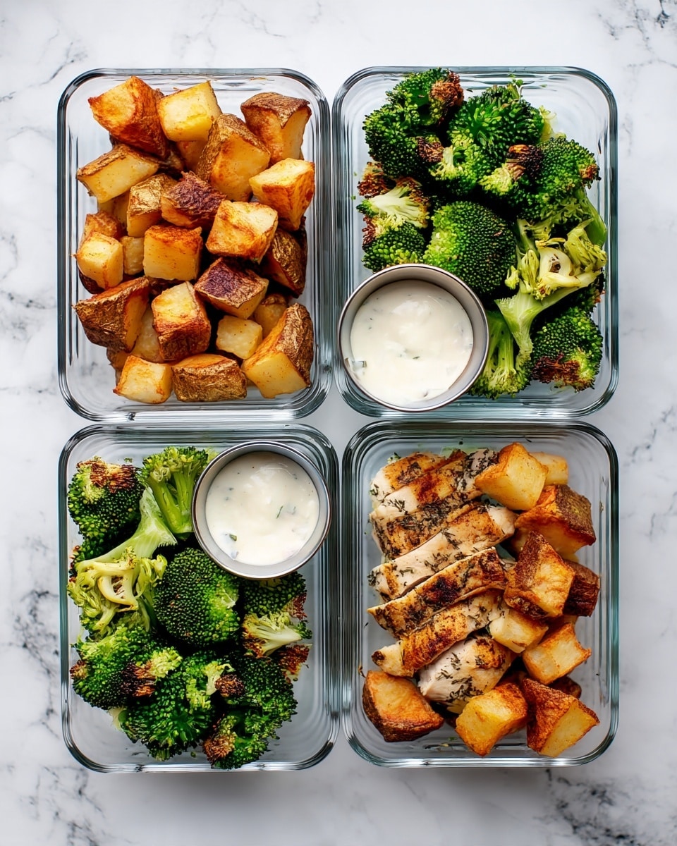 Four clear glass meal prep containers sit on a white marbled surface, each with three main sections: golden-brown roasted potato cubes on the left, bright green steamed broccoli florets in the middle with slight charring, and grilled chicken slices on the right with visible grill marks and herbs. Each container holds a small round silver cup filled with a creamy white sauce placed on top of the chicken. The colors contrast nicely with the white marbled background. photo taken with an iphone --ar 4:5 --v 7
