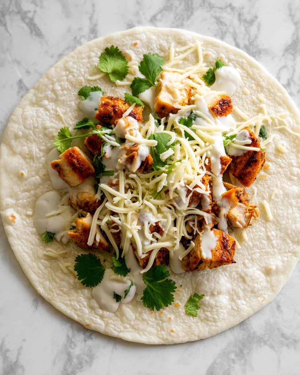A soft white tortilla lies flat on a white marbled surface. In the center, there are several small, browned chunks of cooked chicken with a slightly crispy texture. On top of the chicken, fresh green cilantro leaves are scattered, adding a bright color. A light drizzle of white sauce, creamy in texture, flows gently over the chicken and cilantro. Finally, thin strips of shredded white cheese are sprinkled on top, covering parts of the ingredients with a soft, fine texture. Photo taken with an iphone --ar 4:5 --v 7