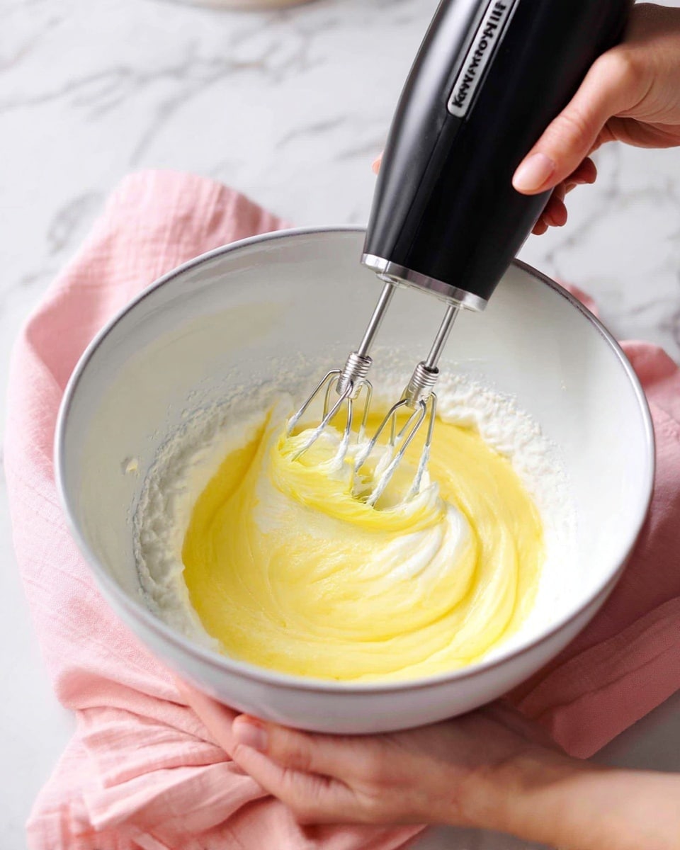 A close-up image shows a white bowl with a creamy mixture being whipped by a black KitchenAid hand mixer with two metal beaters. The mixture has two layers inside the bowl: the base layer is white and fluffy, while a thick yellow liquid is being mixed into the center, creating a soft swirl effect. The bowl is held by a woman's hand at the bottom right corner, resting on a pink cloth, and the background has a white marbled texture. photo taken with an iphone --ar 4:5 --v 7