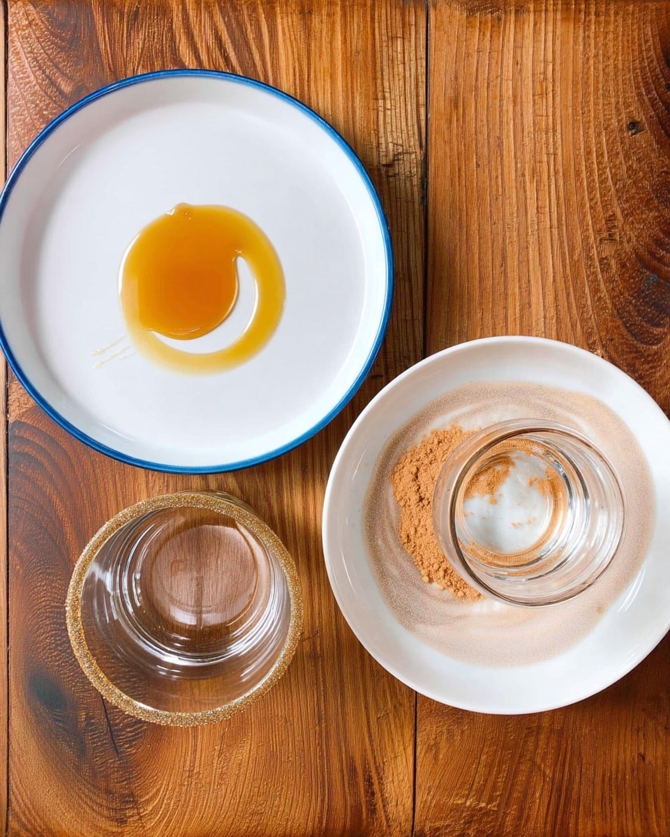 The image shows two white plates on a brown wooden surface: the left plate has a blue rim and holds a small pool of light golden honey in the center with a smooth, shiny texture, while the right plate has a glass cup upside down in the middle resting on light brown powder that is swirled softly around the base of the glass; below them is an empty glass with a gold rim placed upside down on the wooden surface. photo taken with an iphone --ar 4:5 --v 7