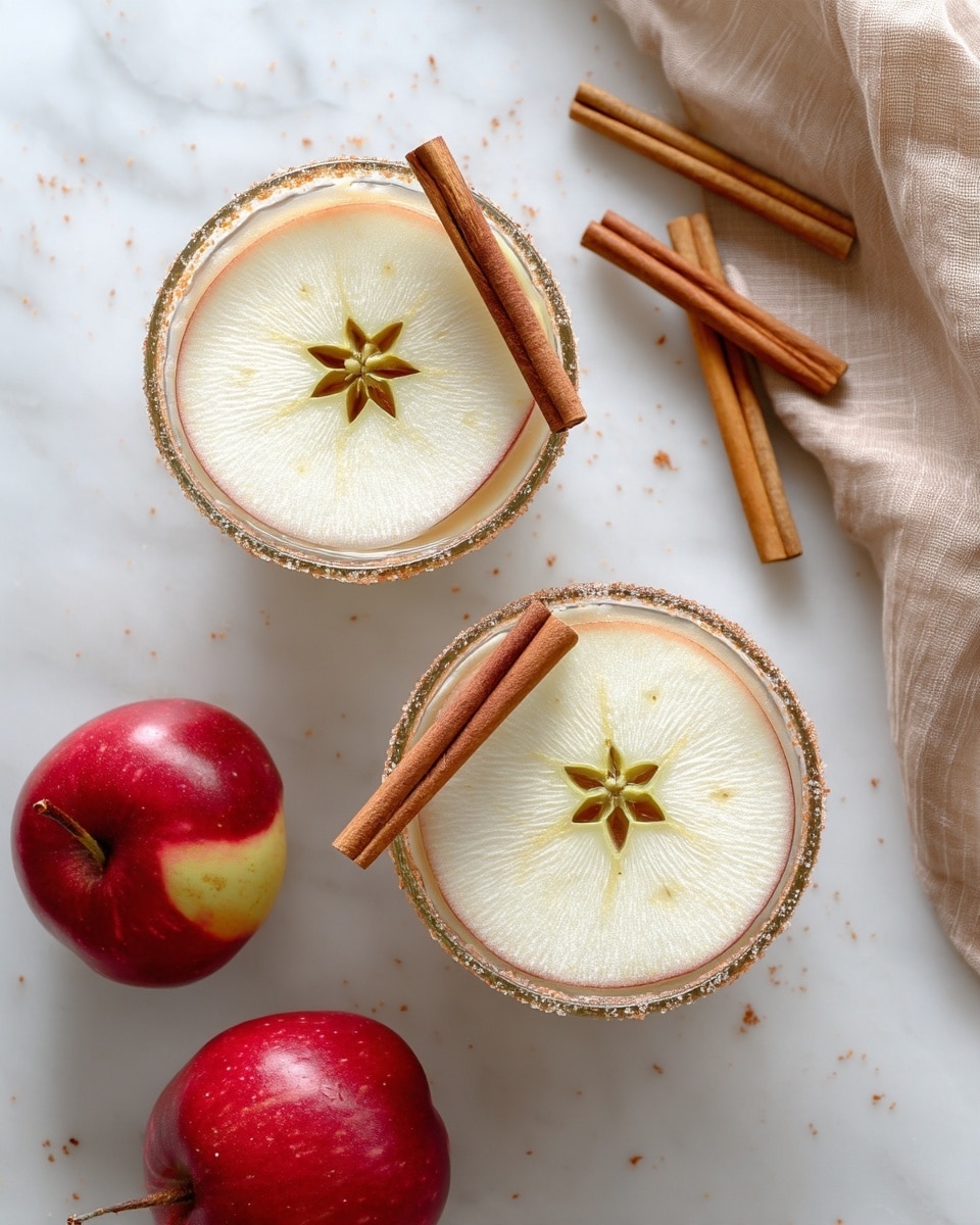 Two clear glasses filled with a light creamy drink each topped with a thin, round apple slice showing a star pattern in the middle. Each glass is rimmed with sugar and garnished with a long cinnamon stick placed on the side of the apple slice. The glasses are placed on a white marbled surface with two red apples and some cinnamon sticks scattered nearby, along with a soft beige cloth partially visible on the side. Photo taken with an iphone --ar 4:5 --v 7