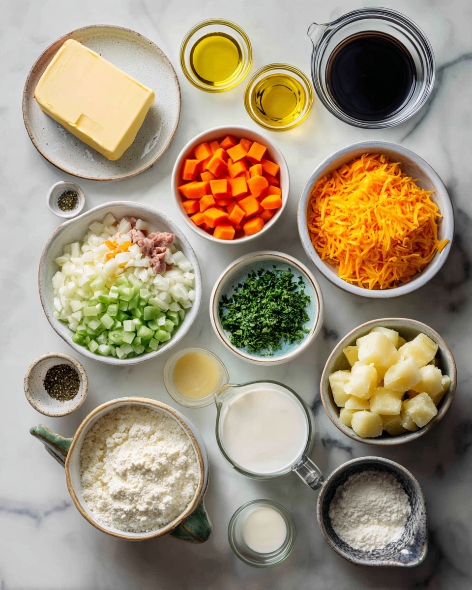 Top-down professional food photography flat lay style, bright white marble countertop, neatly arranged, evenly spaced, tidy, clean organized layout, include: small plate of unsalted butter, small glass cup of olive oil, small bowl of diced carrots, small bowl of diced celery, small bowl of diced yellow onion, small bowl of minced garlic, medium bowl of chopped baby gold potatoes, small bowl of dried parsley, small bowl of dried basil, glass measuring cup of chicken stock, small bowl of all-purpose flour, glass measuring cup of milk, small glass cup of heavy cream, small bowl of salt, small bowl of ground black pepper, medium bowl of shredded sharp cheddar cheese, small bowl of sour cream, small plate of prepared meat pieces, bright soft natural lighting, sharp focus, high detail textures, realistic reflections, professional DSLR look, 4K, no finished dish, no cooked food, no hands, no text, no watermark, no brand logos --ar 4:5 --v 7