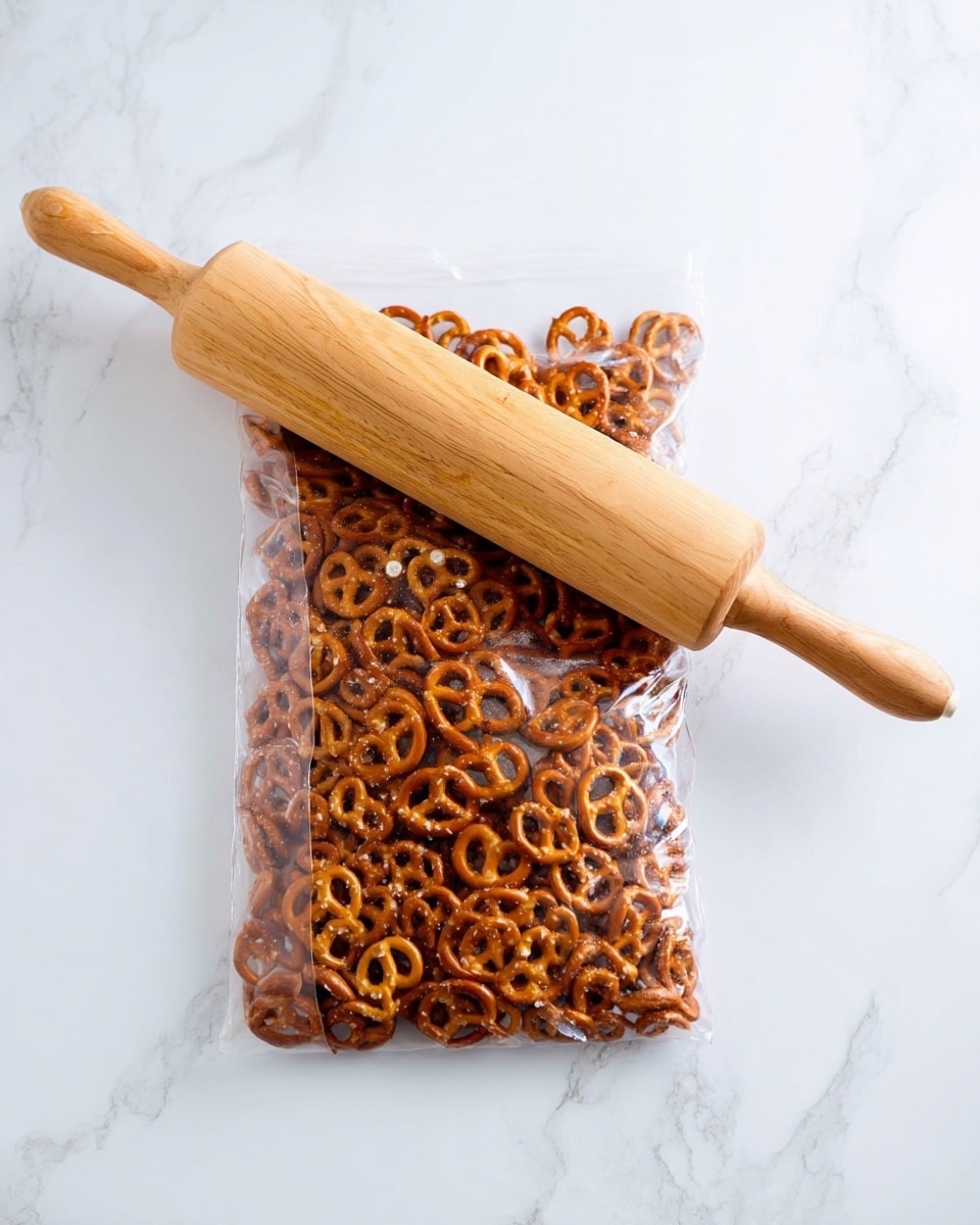 A clear plastic bag filled with light brown pretzels, lying flat on a white marbled surface. On top of the bag is a wooden rolling pin with a smooth texture and natural wood grain, positioned diagonally from the bottom left to the top right of the image. The pretzels inside the bag are small, twisted, and tightly packed together, showing a shiny surface from salt sprinkled on them. Photo taken with an iphone --ar 4:5 --v 7